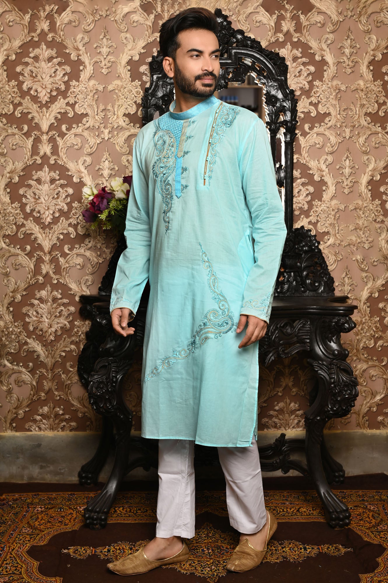 HAMSAFAR Men’s Sky Blue Cotton Festive Wear Kurta