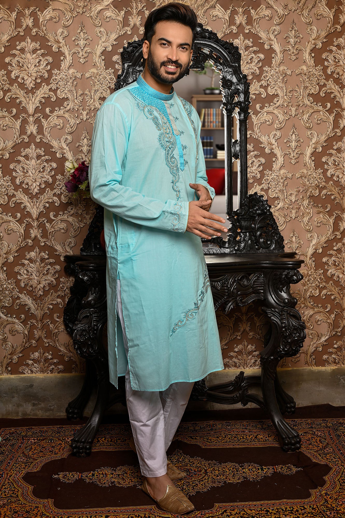 HAMSAFAR Men’s Sky Blue Cotton Festive Wear Kurta
