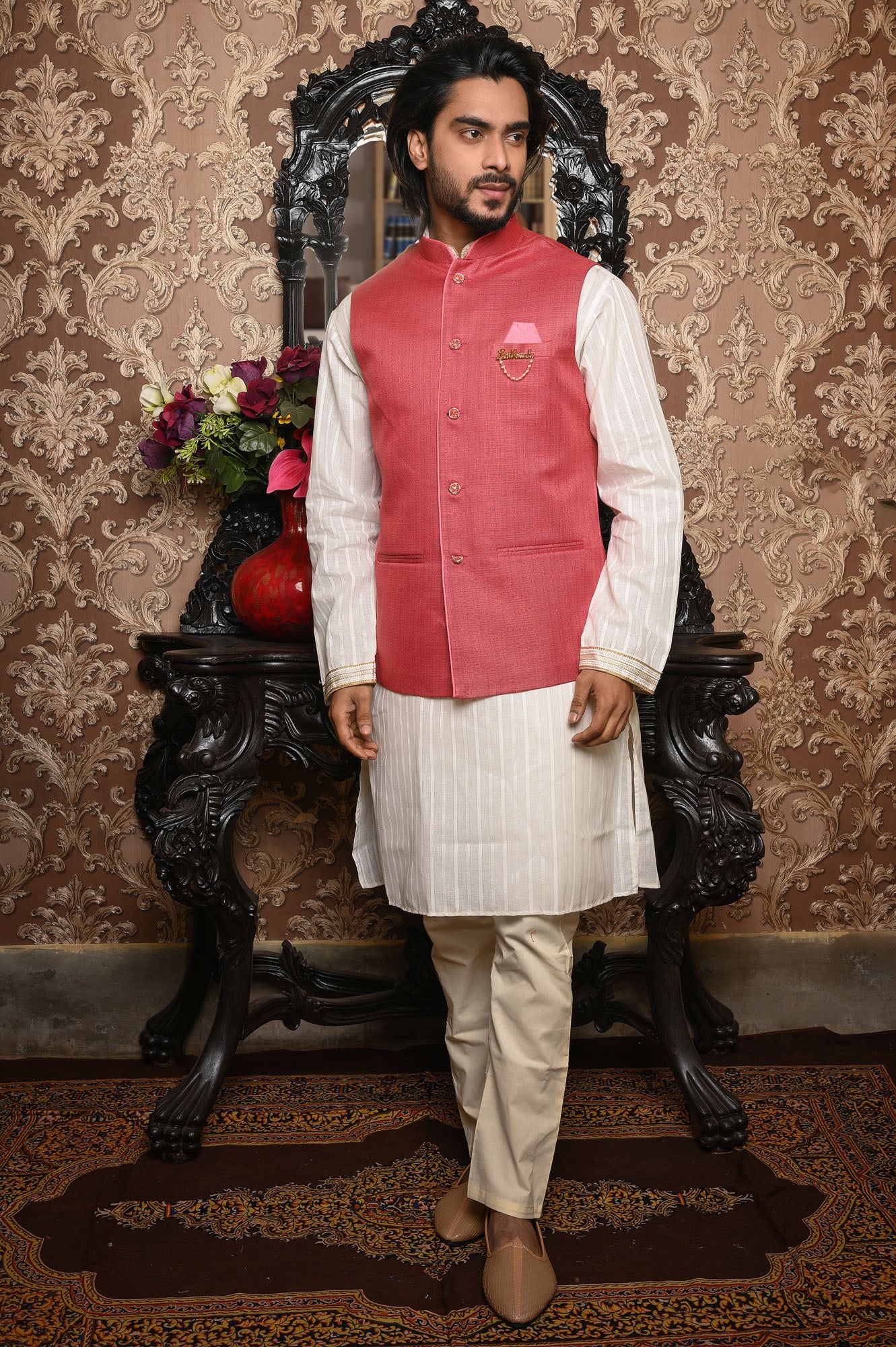 HAMSAFAR Men’s Reddish Pink Jute Look Nehru Jacket