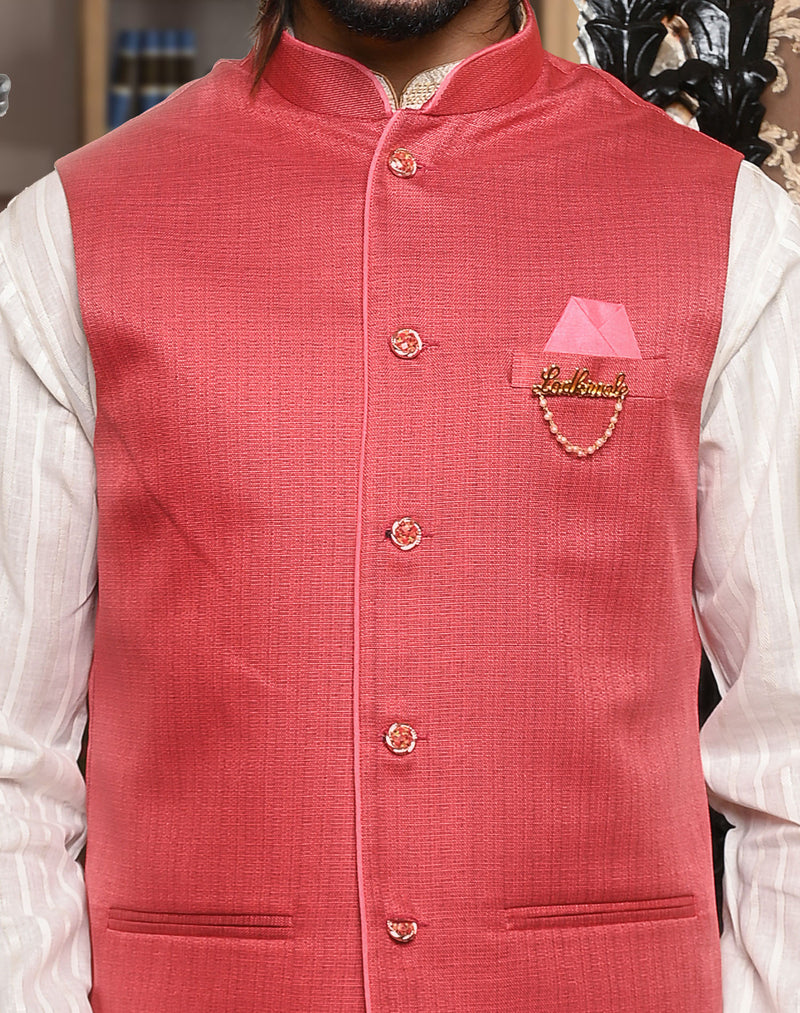 HAMSAFAR Men’s Reddish Pink Jute Look Nehru Jacket