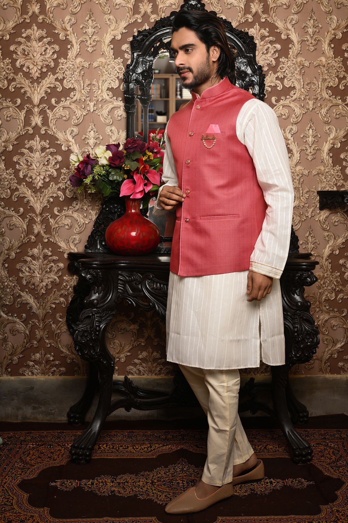 HAMSAFAR Men’s Reddish Pink Jute Look Nehru Jacket