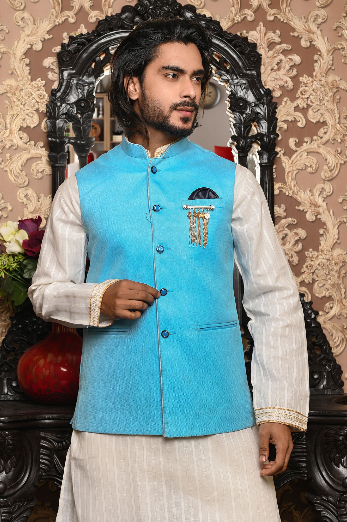 HAMSAFAR Men’s Sky Blue Jute Look Nehru Jacket