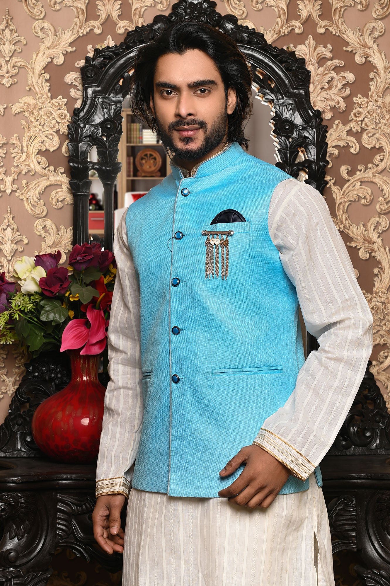 HAMSAFAR Men’s Sky Blue Jute Look Nehru Jacket