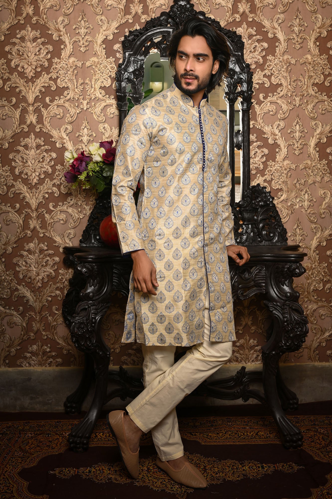 HAMSAFAR Men’s Off White With Blue Print Poly Viscose Jacquard Premium Kurta