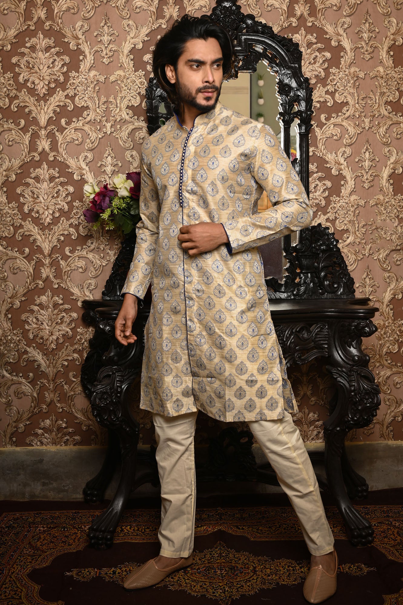 HAMSAFAR Men’s Off White With Blue Print Poly Viscose Jacquard Premium Kurta