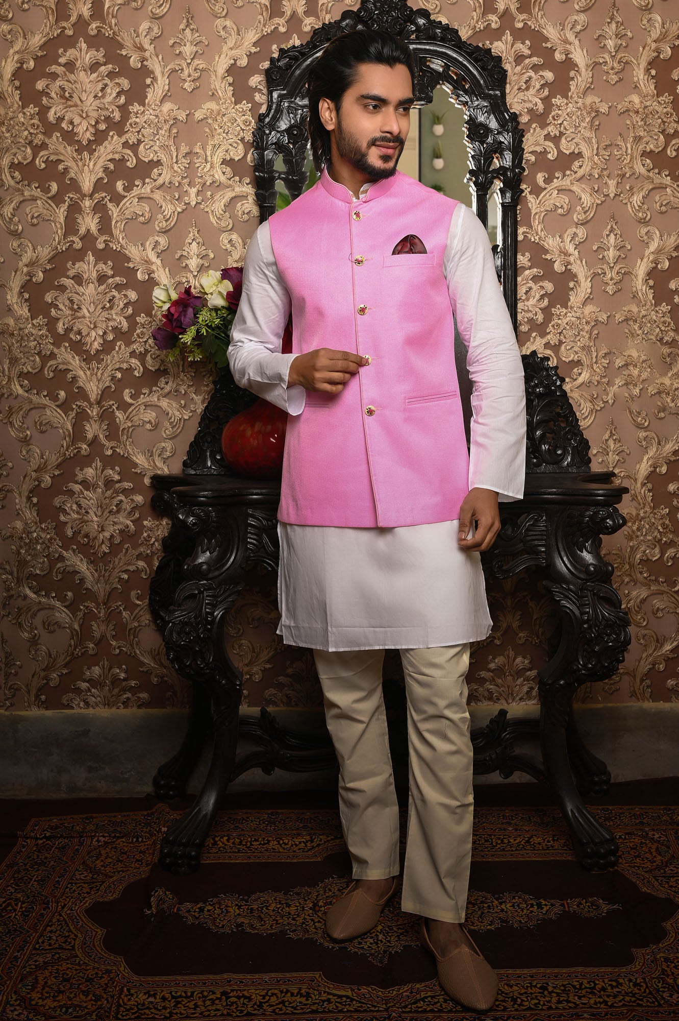 HAMSAFAR Men’s Pink Jute Look Nehru Jacket