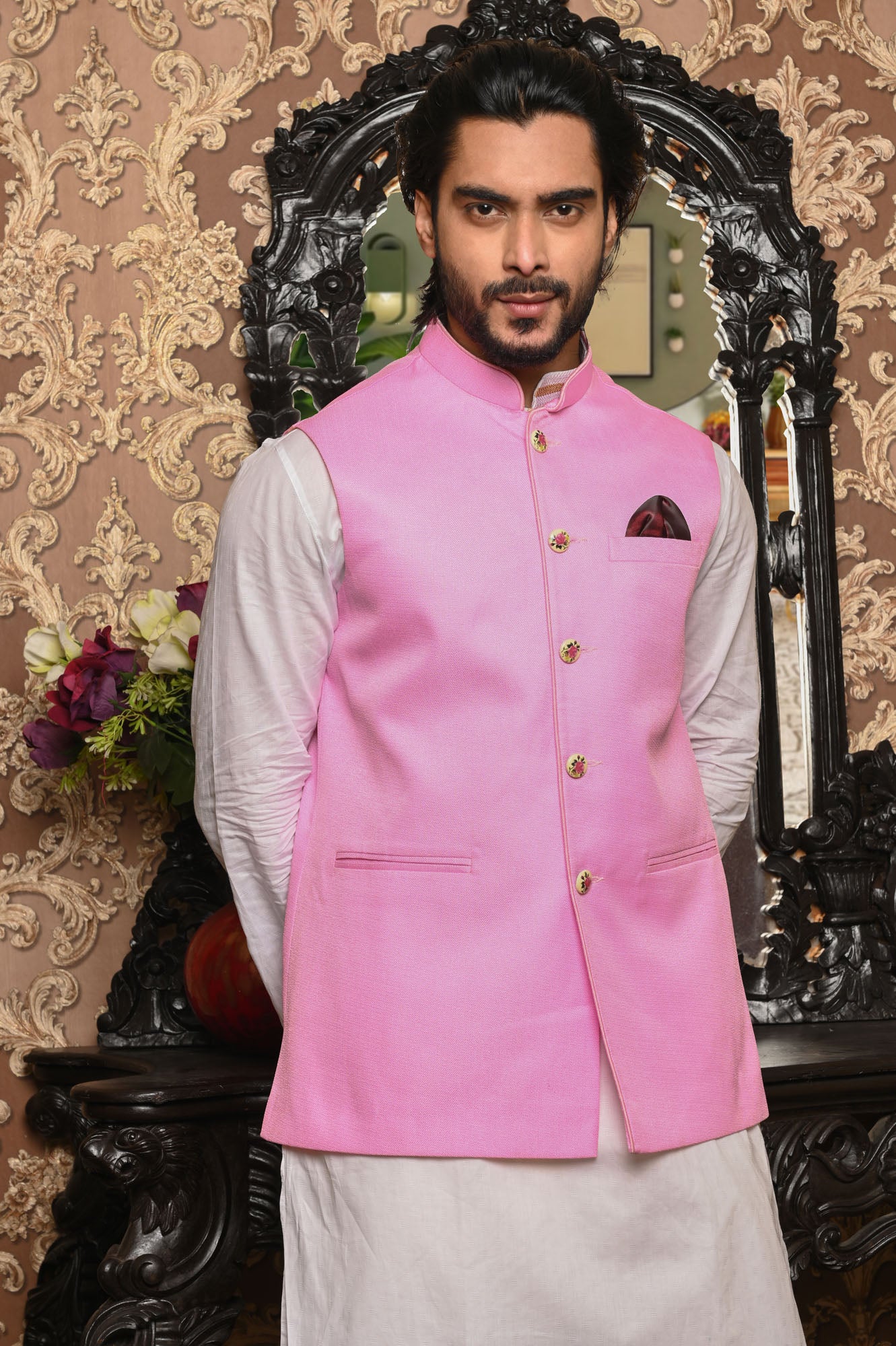 HAMSAFAR Men’s Pink Jute Look Nehru Jacket