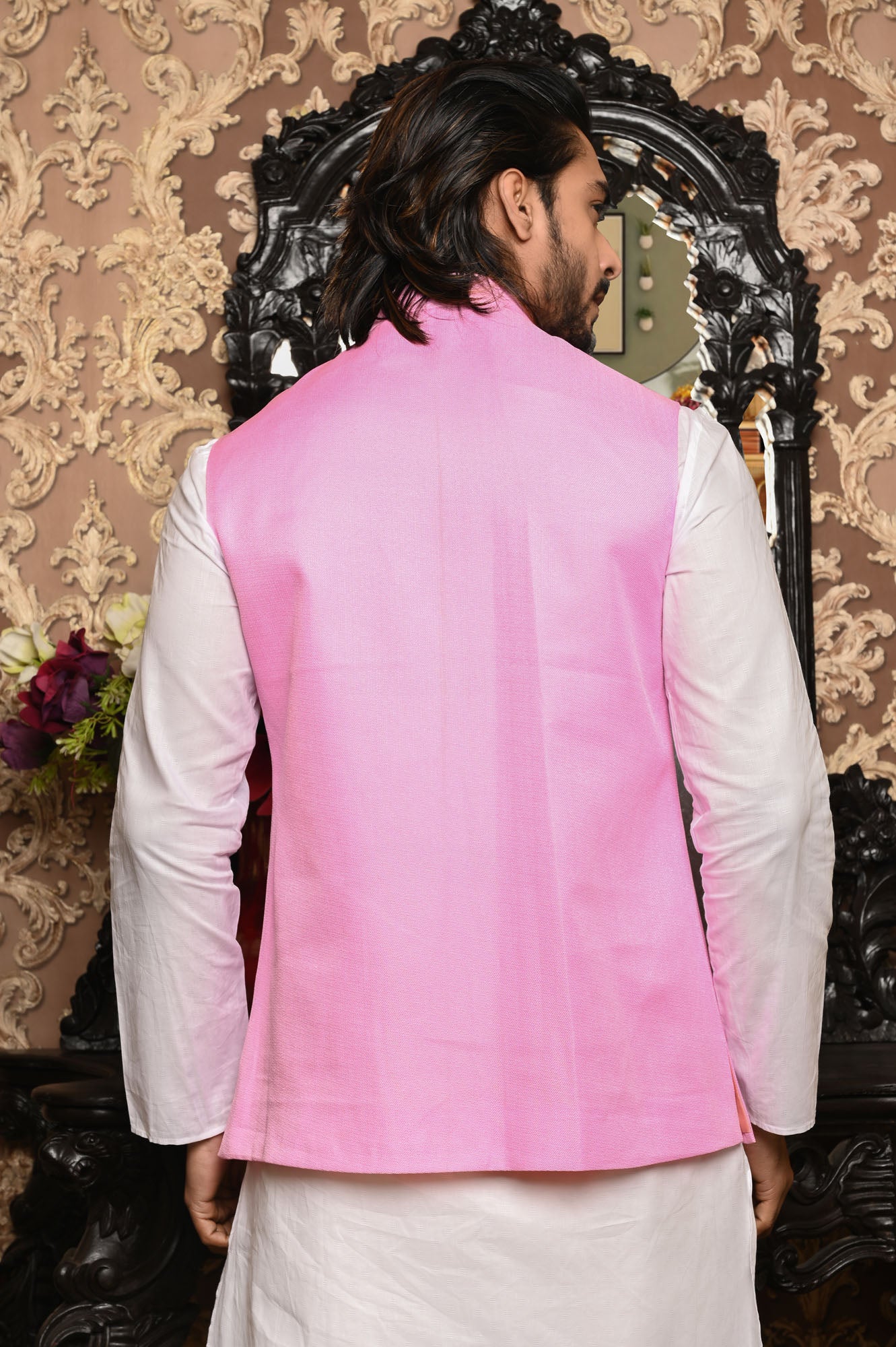 HAMSAFAR Men’s Pink Jute Look Nehru Jacket