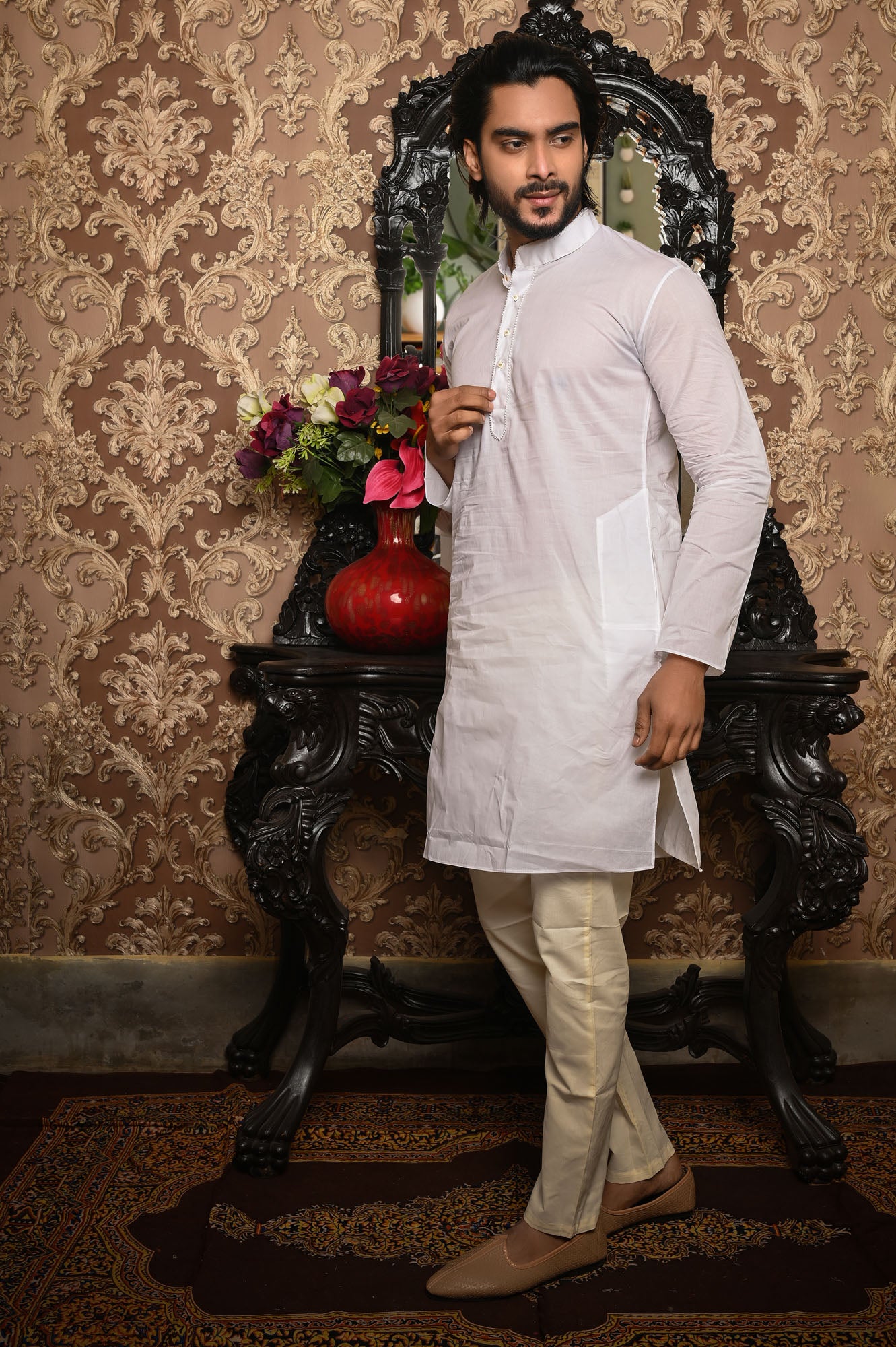 HAMSAFAR Men’s White Cotton Casual Kurta