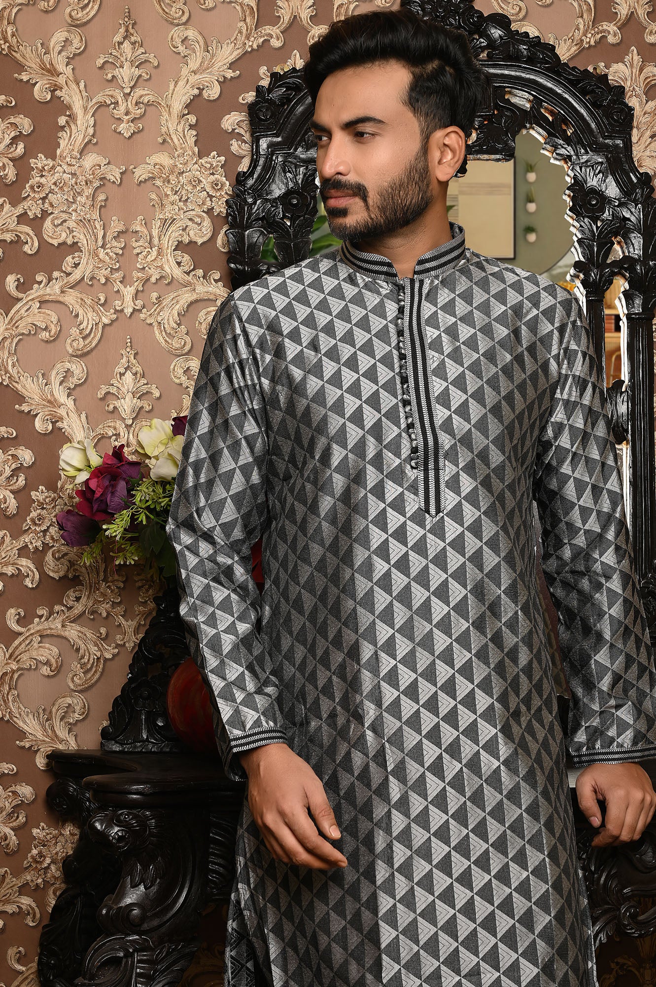 HAMSAFAR Men’s Grey Poly Dupion Premium Printed Kurta