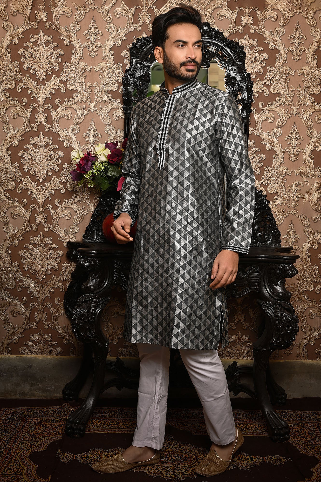 HAMSAFAR Men’s Grey Poly Dupion Premium Printed Kurta