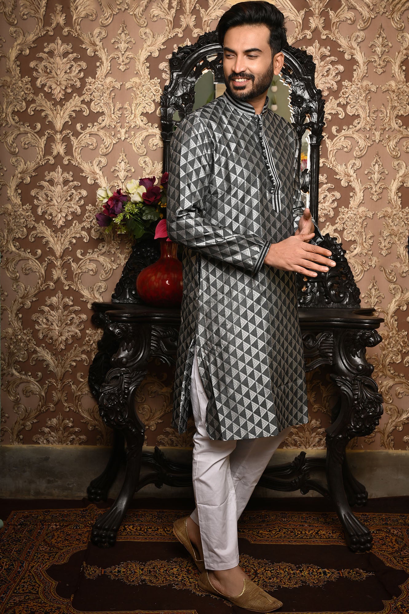 HAMSAFAR Men’s Grey Poly Dupion Premium Printed Kurta