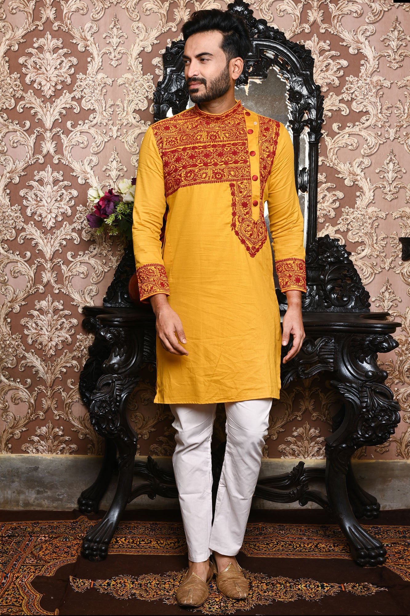 HAMSAFAR Men’s Yellow Cotton Linen Designer Wear Kurta