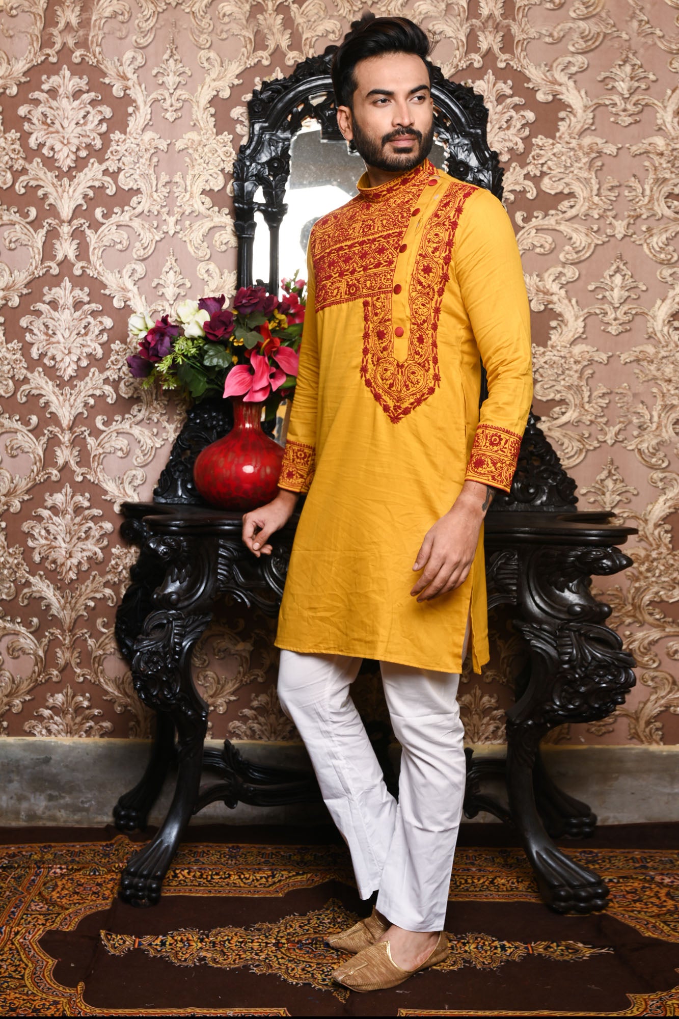 HAMSAFAR Men’s Yellow Cotton Linen Designer Wear Kurta