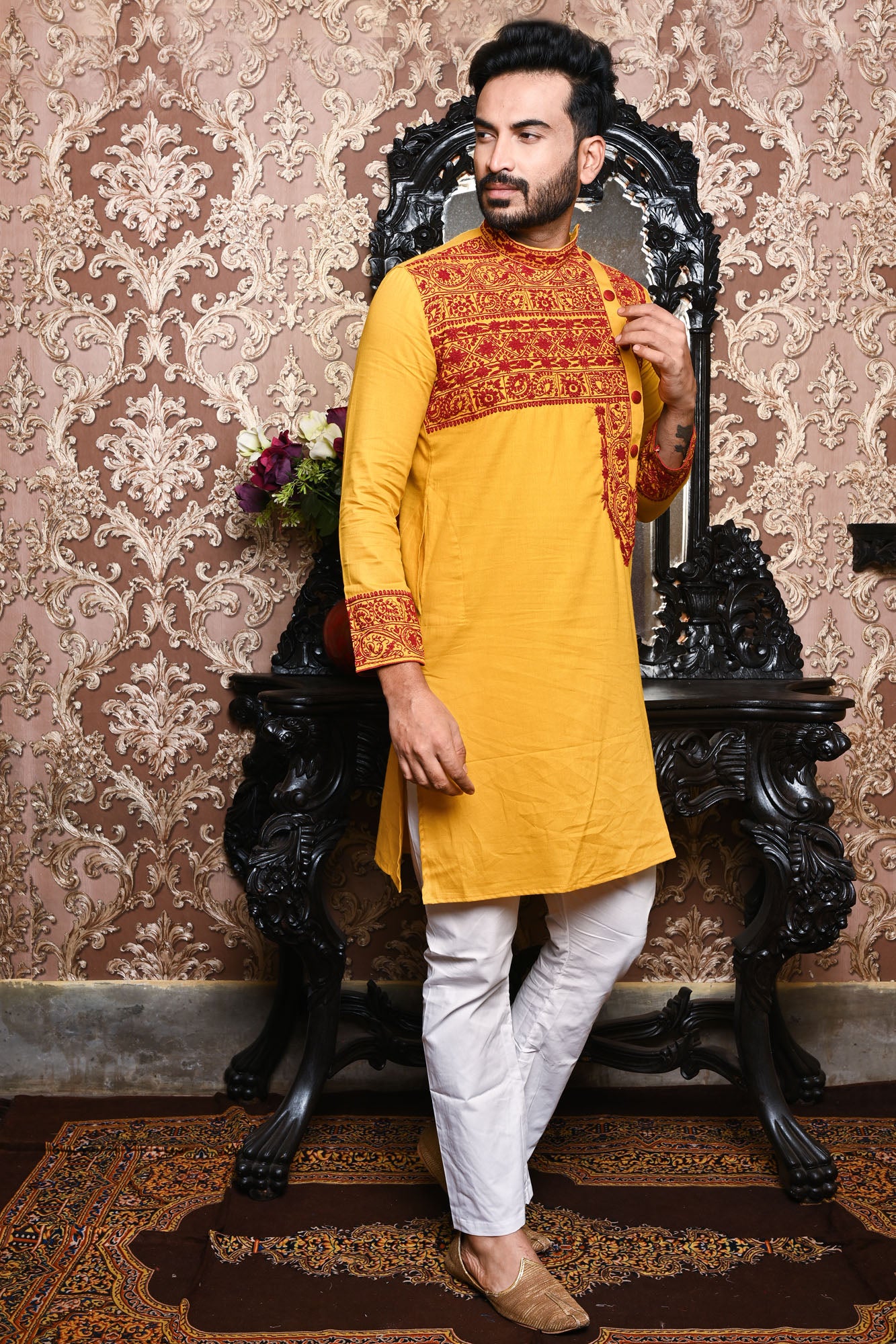 HAMSAFAR Men’s Yellow Cotton Linen Designer Wear Kurta