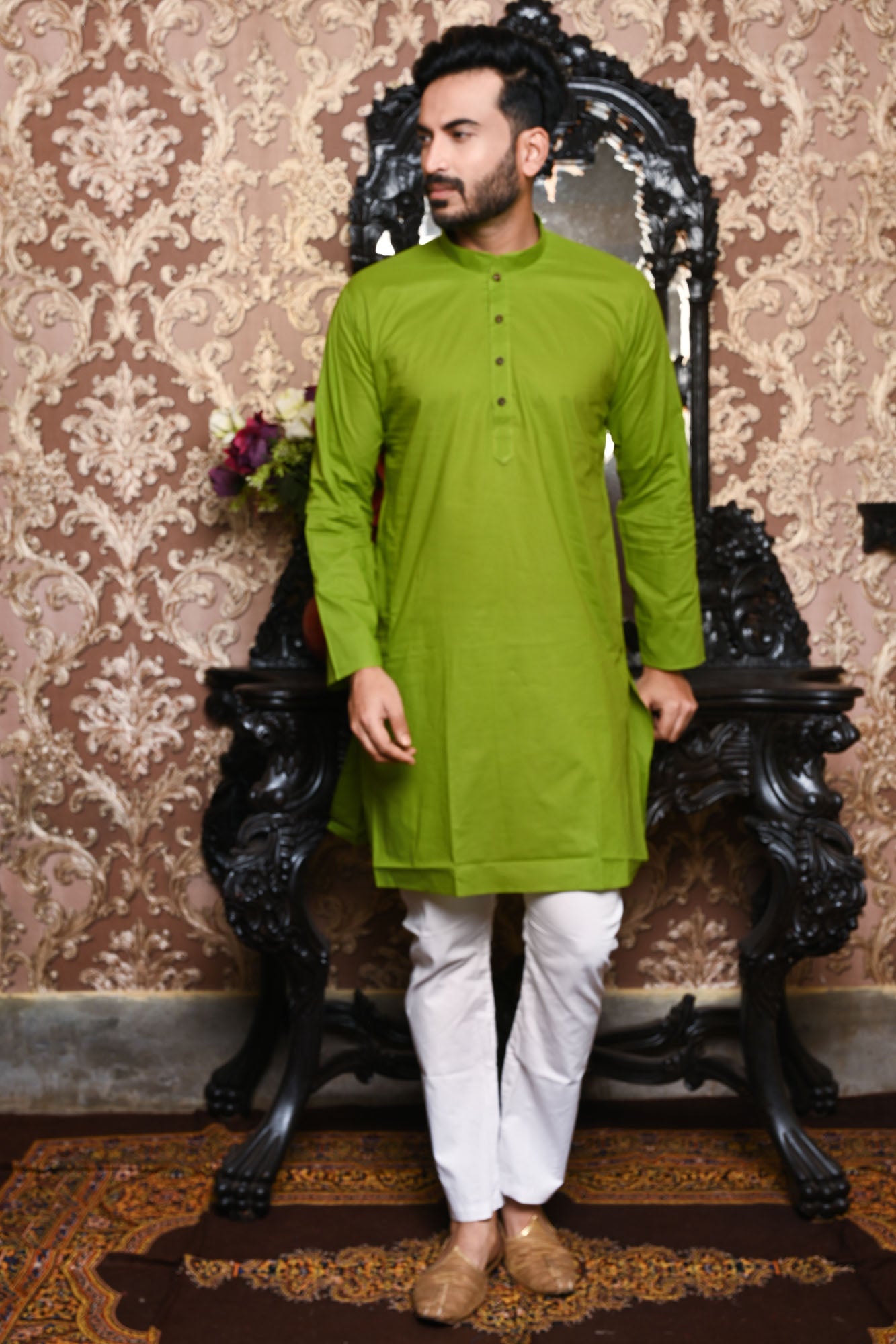 HAMSAFAR Men’s Light Mehndi Green Cotton Casual Kurta