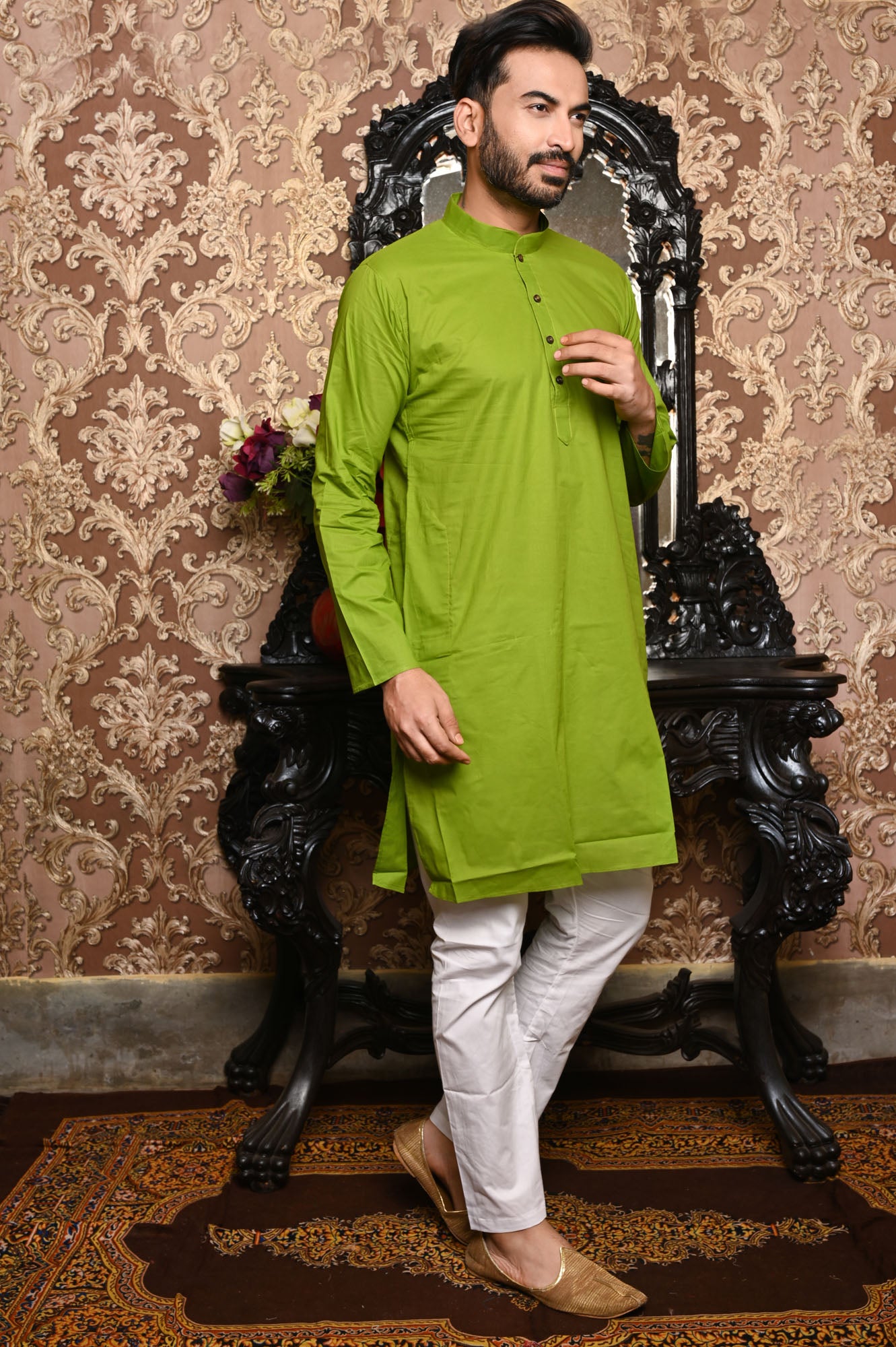 HAMSAFAR Men’s Light Mehndi Green Cotton Casual Kurta