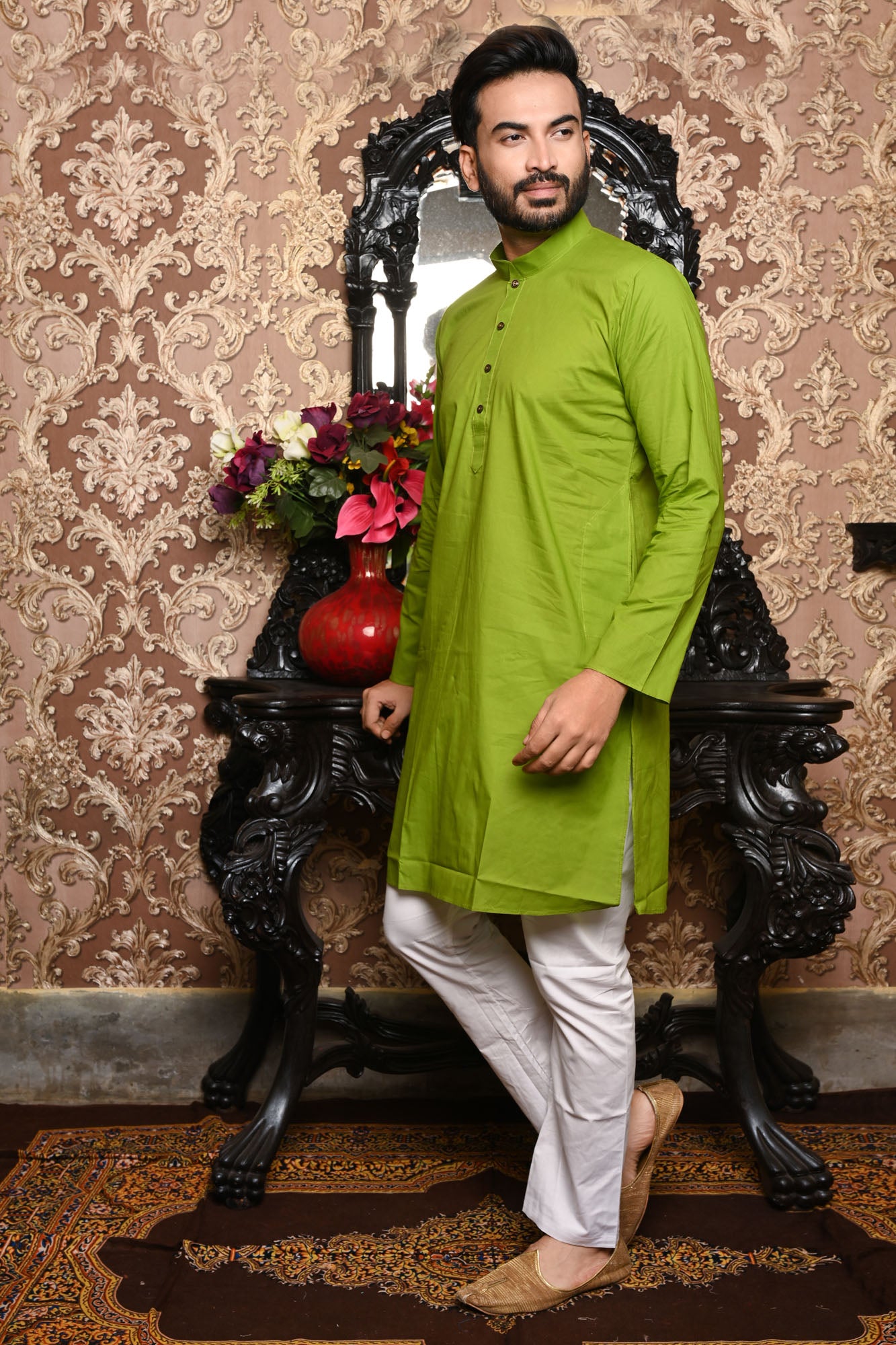 HAMSAFAR Men’s Light Mehndi Green Cotton Casual Kurta