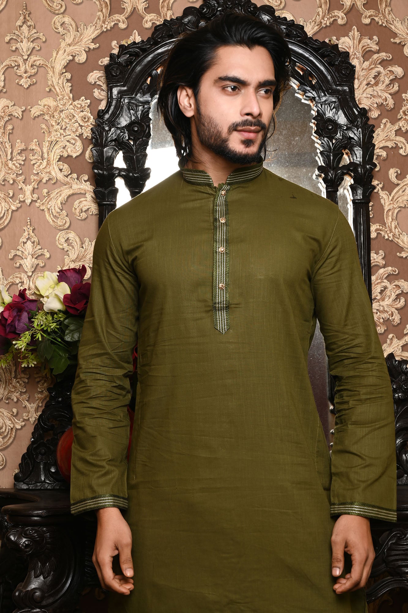 HAMSAFAR Men’s Mehndi Green Linen Cotton Kurta