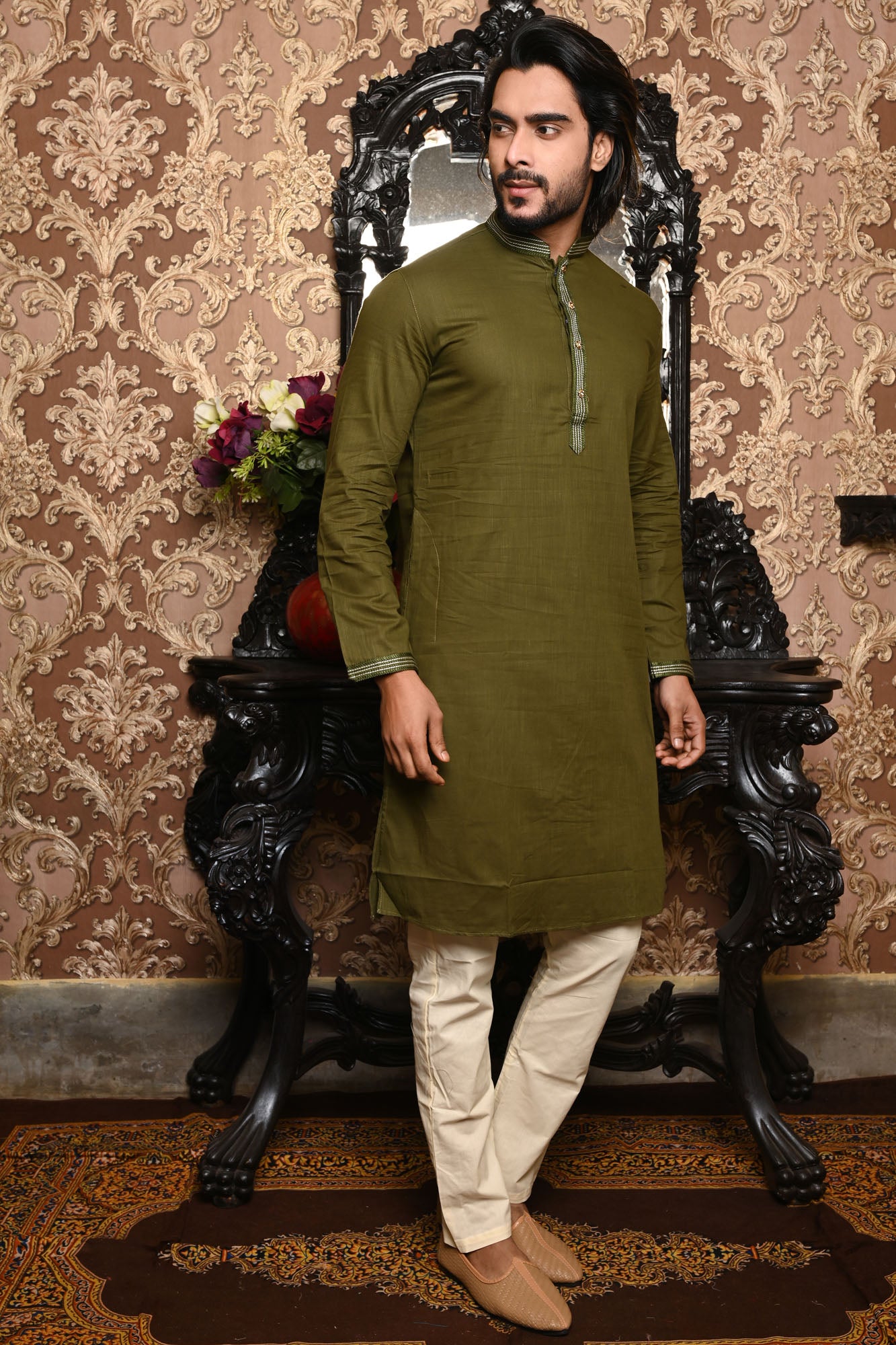 HAMSAFAR Men’s Mehndi Green Linen Cotton Kurta