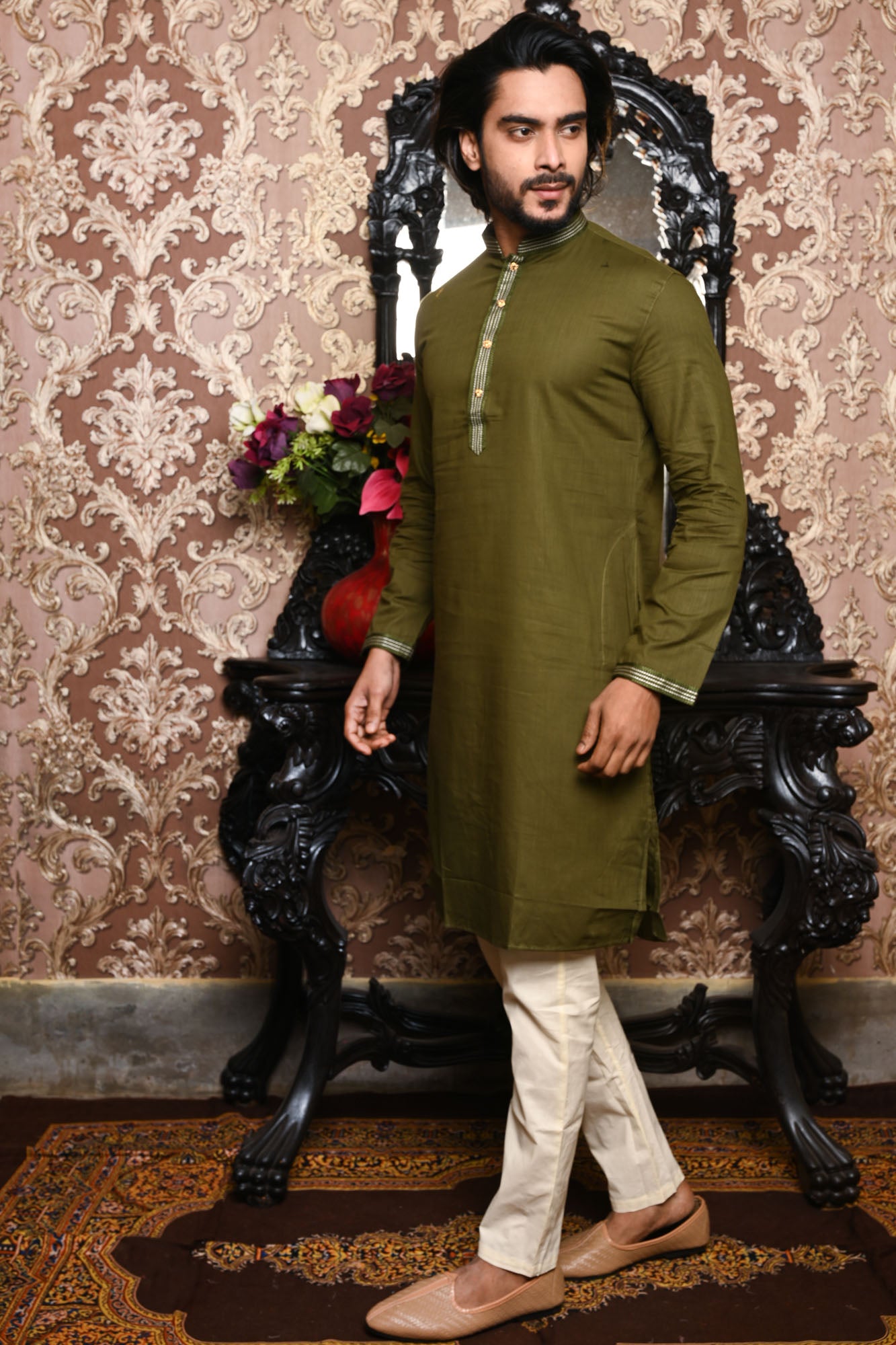 HAMSAFAR Men’s Mehndi Green Linen Cotton Kurta