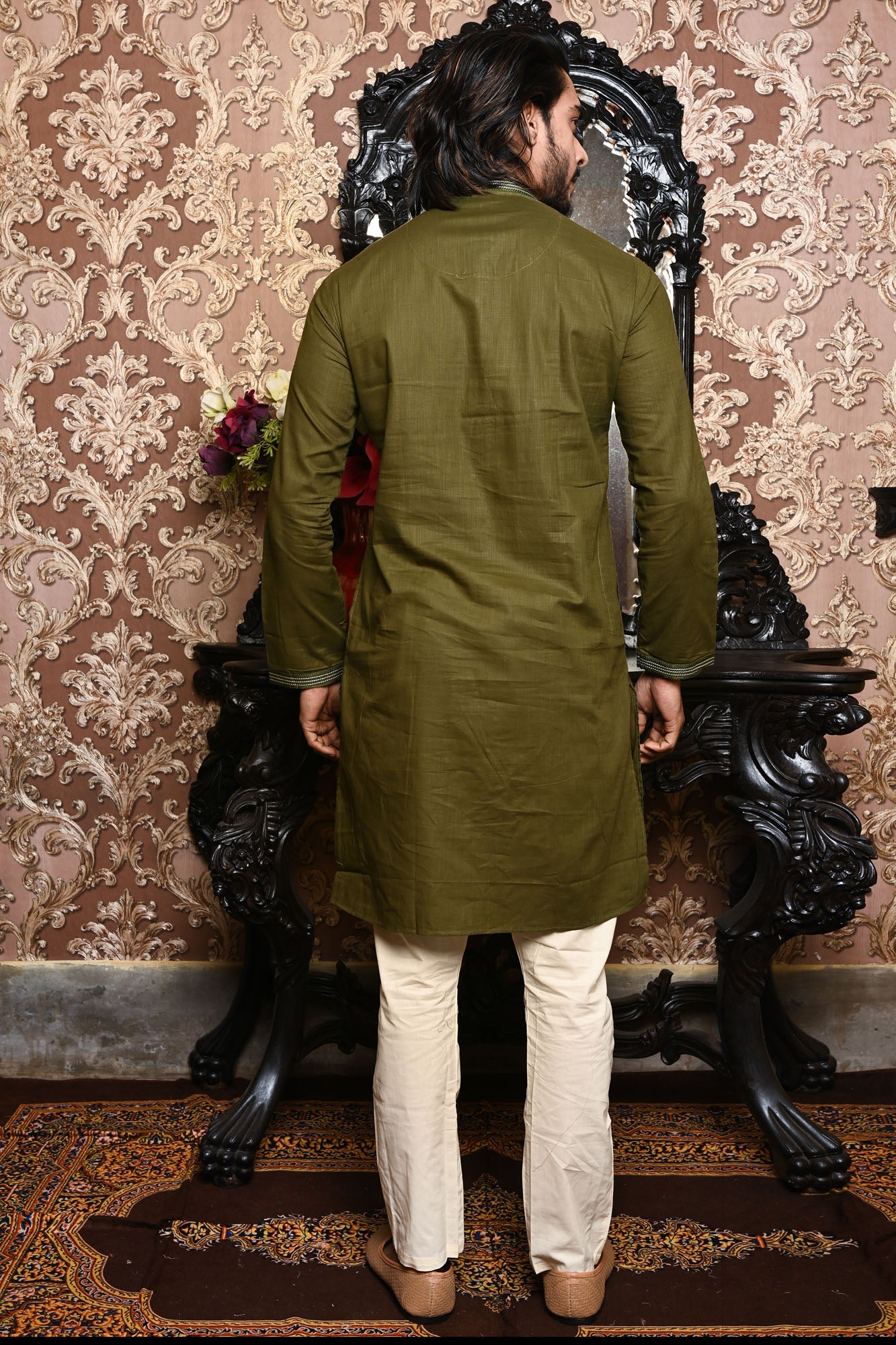 HAMSAFAR Men’s Mehndi Green Linen Cotton Kurta