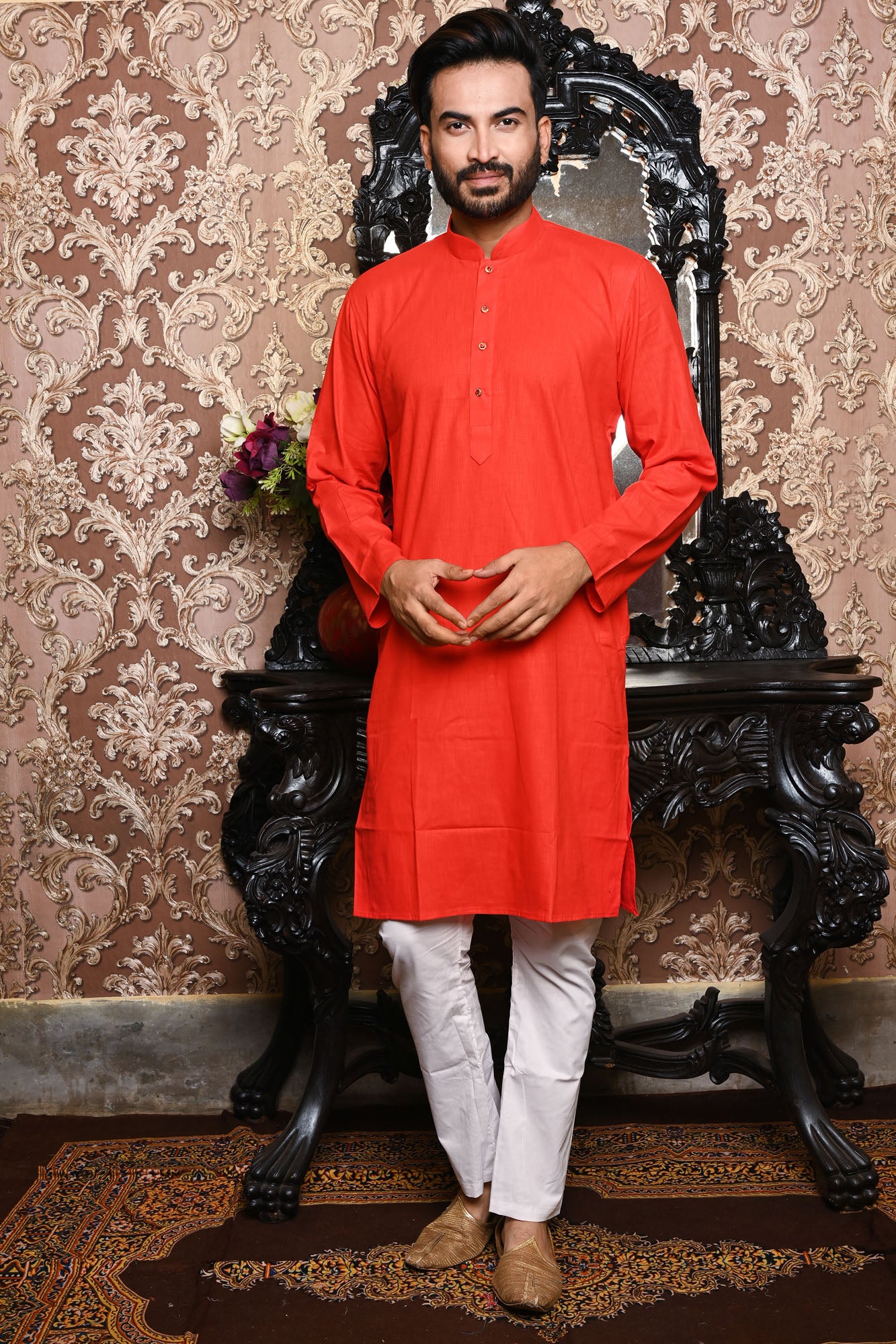 HAMSAFAR Men’s Dark Orange Linen Cotton Casual Kurta