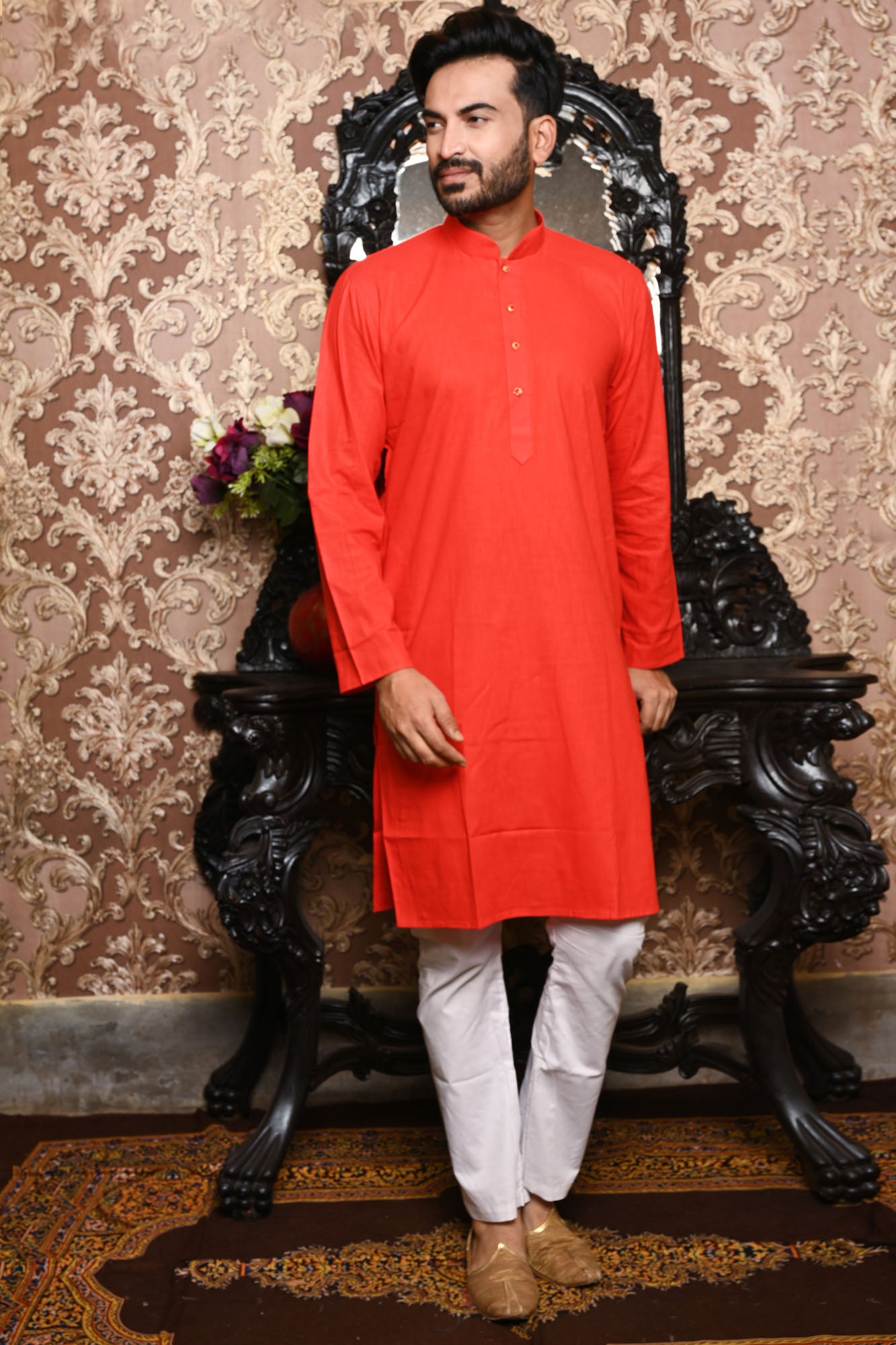 HAMSAFAR Men’s Dark Orange Linen Cotton Casual Kurta