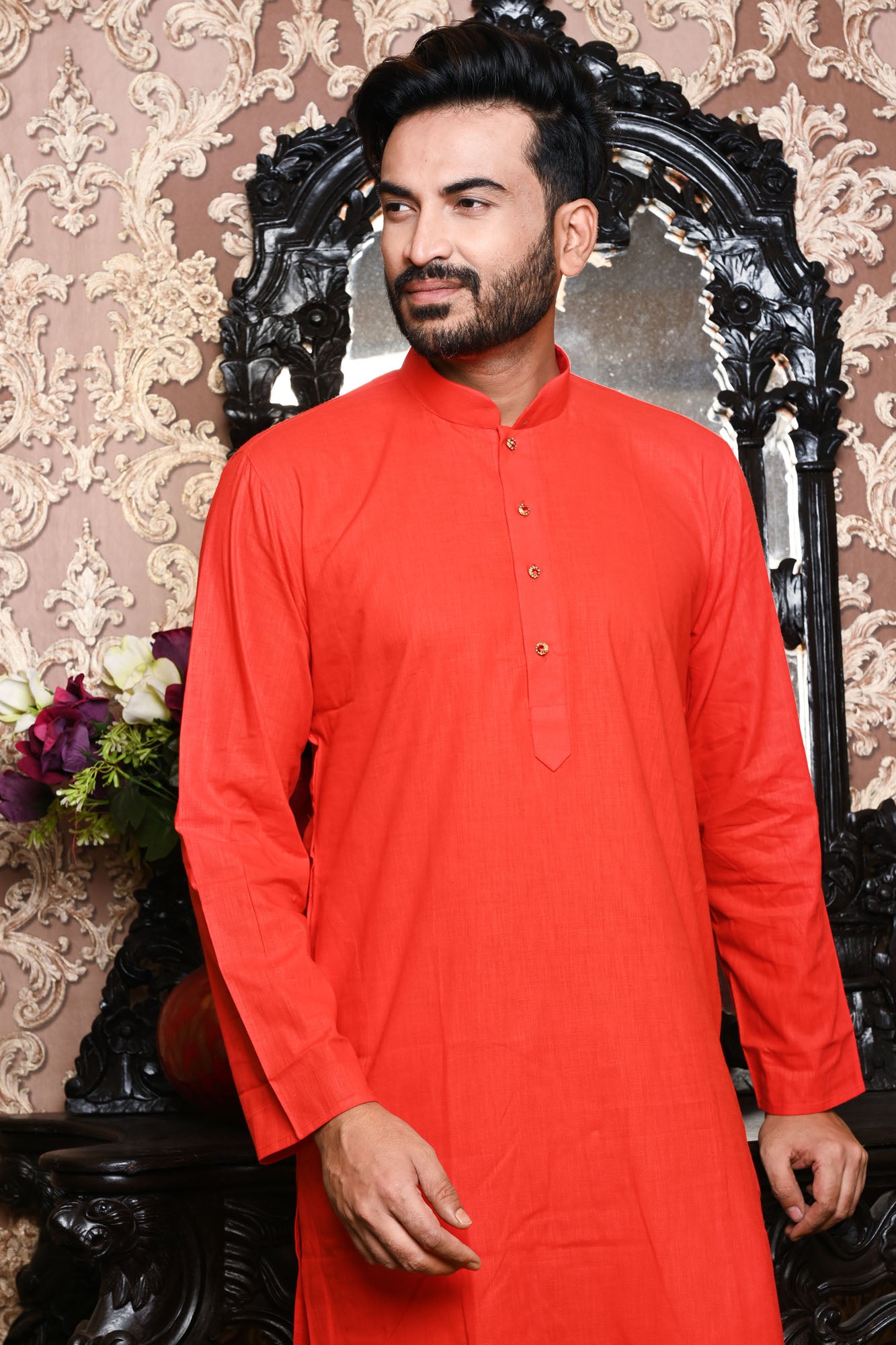 HAMSAFAR Men’s Dark Orange Linen Cotton Casual Kurta