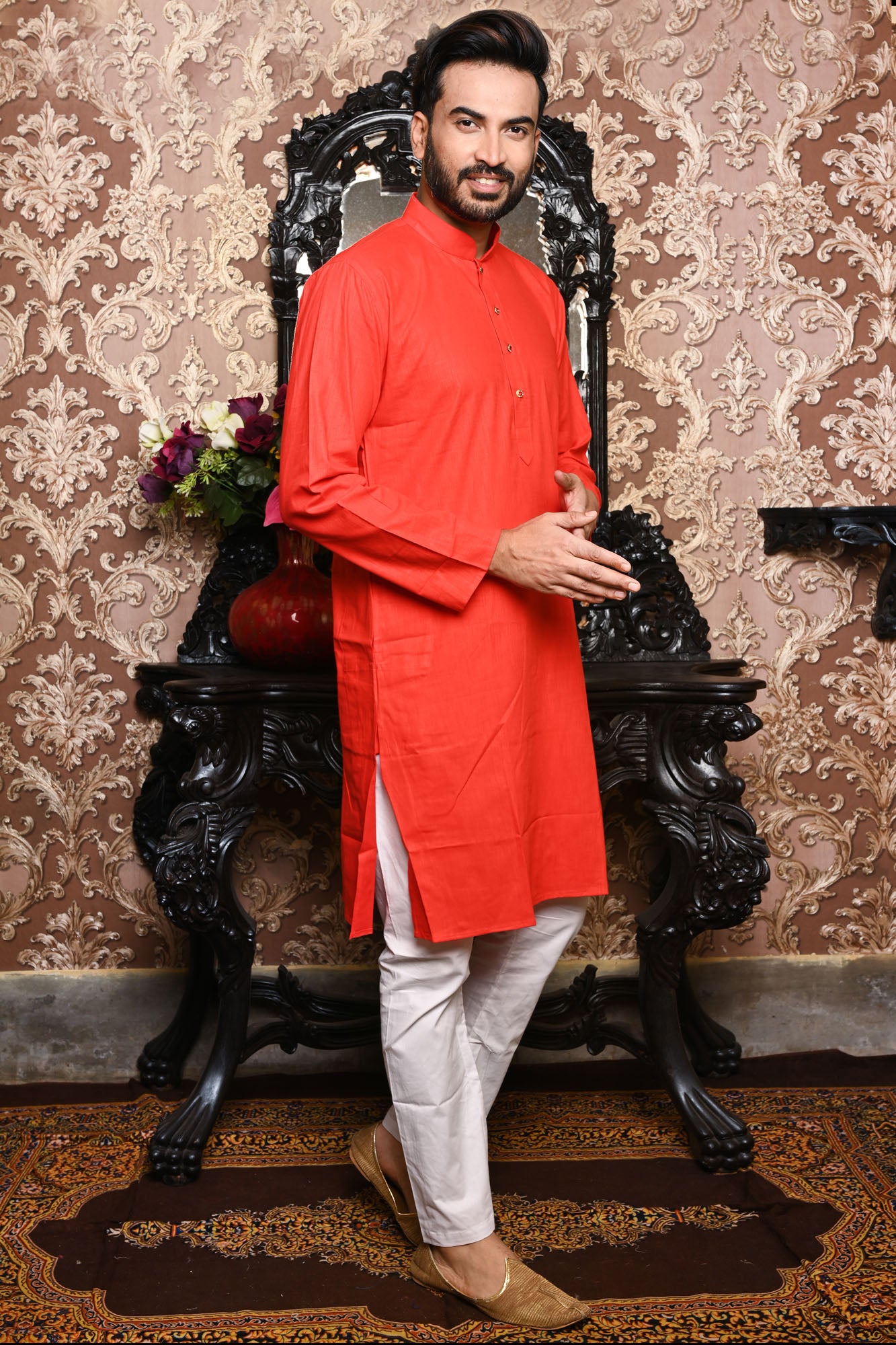 HAMSAFAR Men’s Dark Orange Linen Cotton Casual Kurta