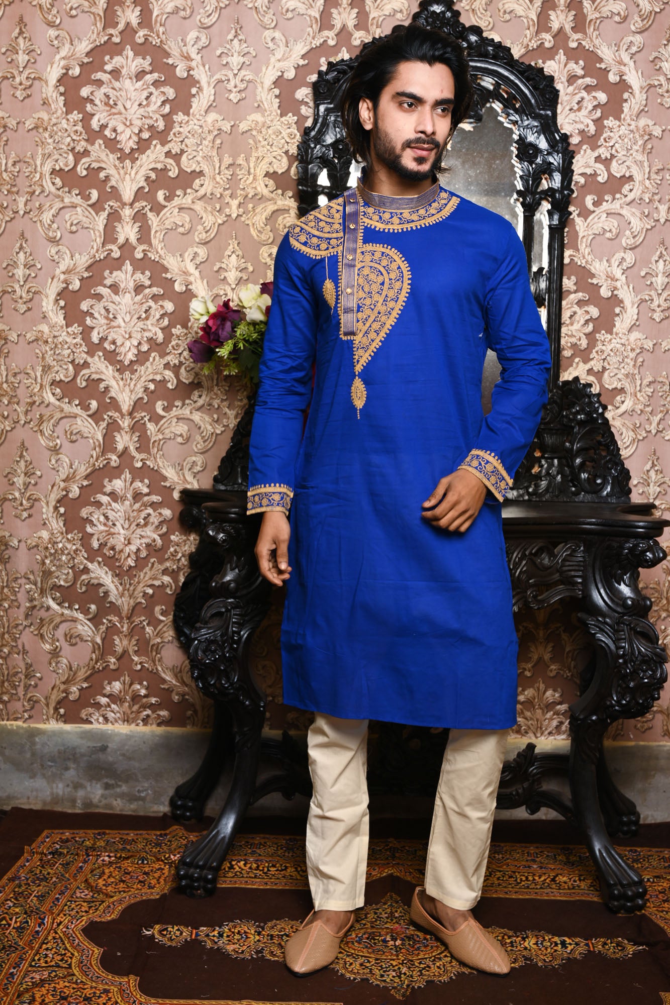 HAMSAFAR Men’s Royal Blue Cotton Festive Kurta