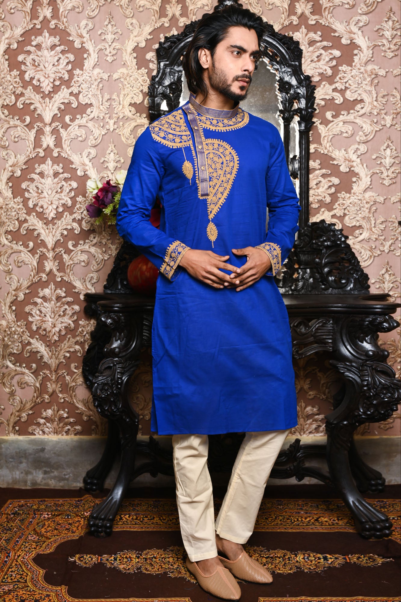 HAMSAFAR Men’s Royal Blue Cotton Festive Kurta