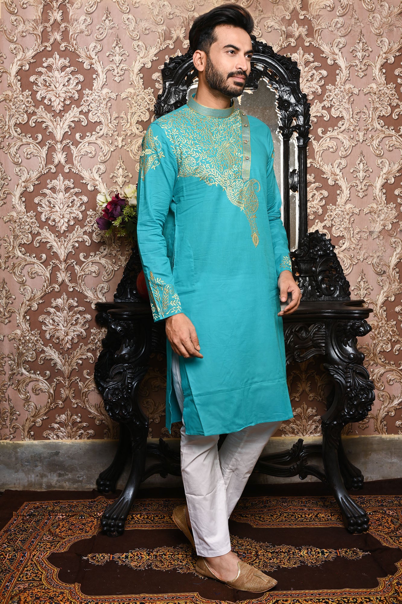 HAMSAFAR Men’s Blue Cotton Festive Wear Kurta