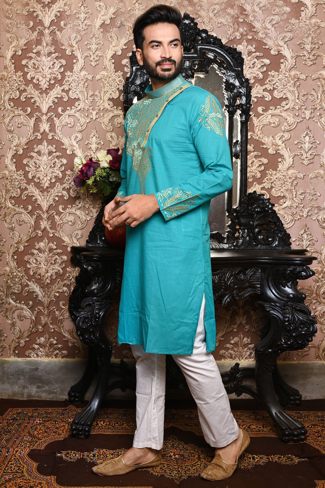 HAMSAFAR Men’s Blue Cotton Festive Wear Kurta
