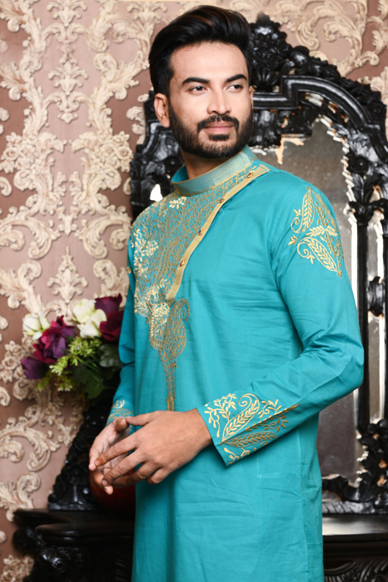 HAMSAFAR Men’s Blue Cotton Festive Wear Kurta