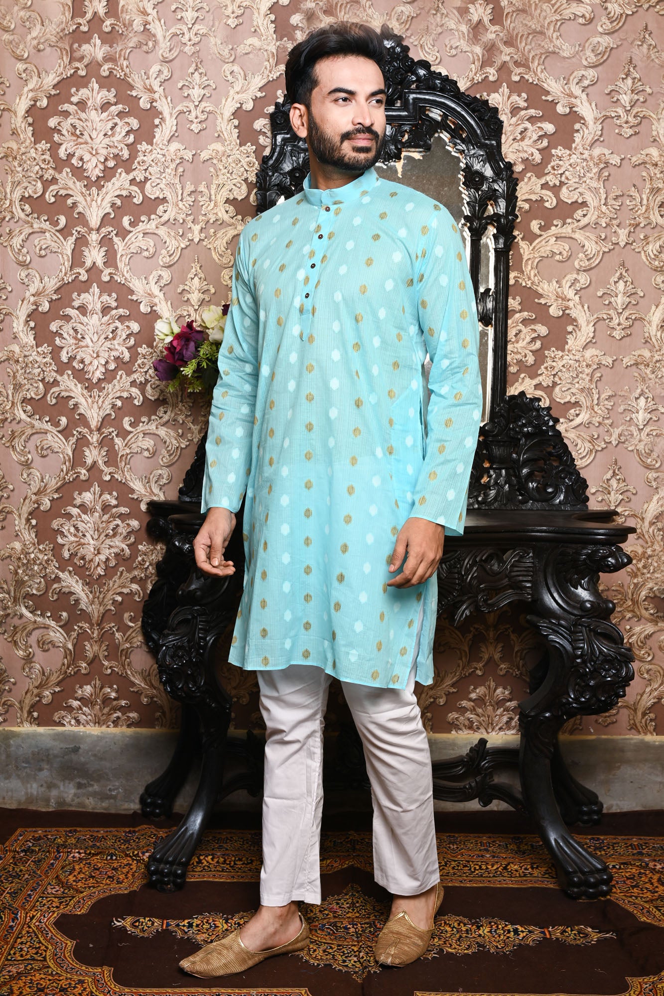 HAMSAFAR Men’s Sky Blue Cotton Casual Kurta