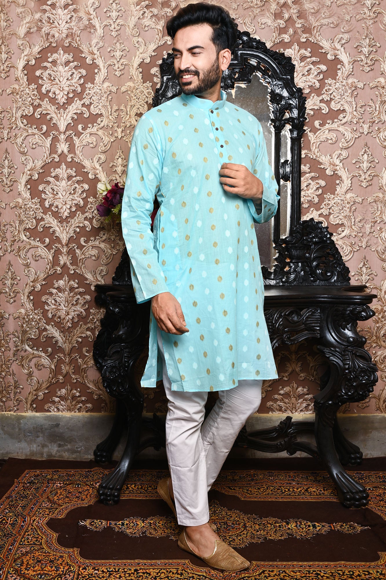 HAMSAFAR Men’s Sky Blue Cotton Casual Kurta