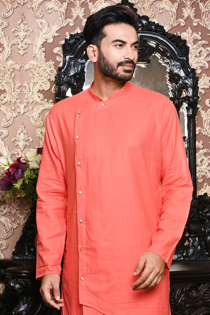HAMSAFAR Men’s Pink Linen Cotton Designer Wear Kurta