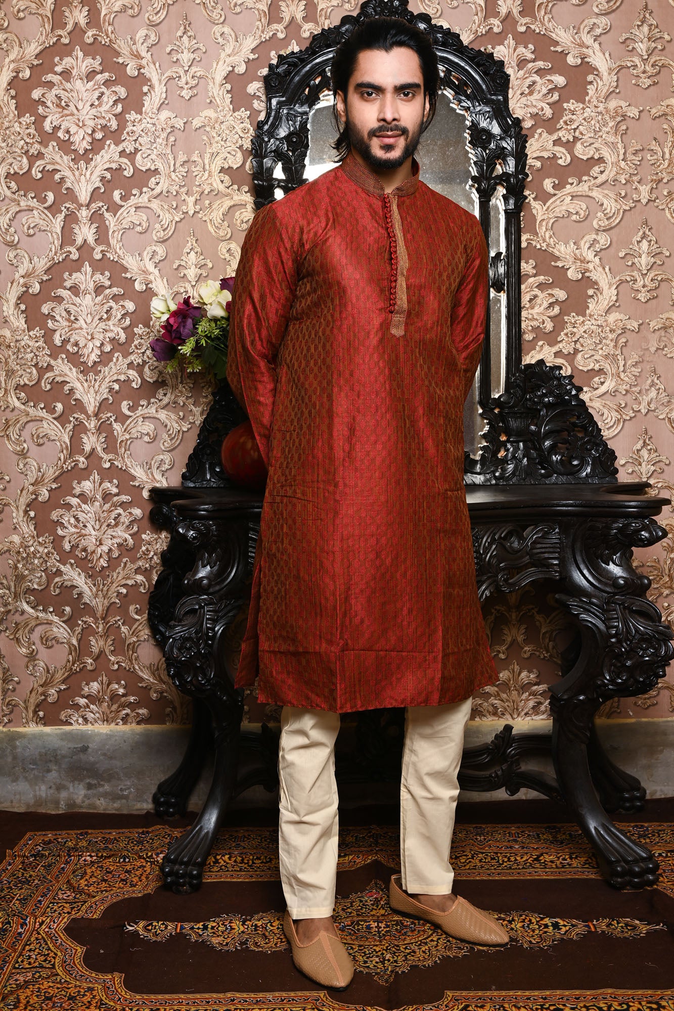 HAMSAFAR Men’s Maroon Dupion Embroidery Kurta