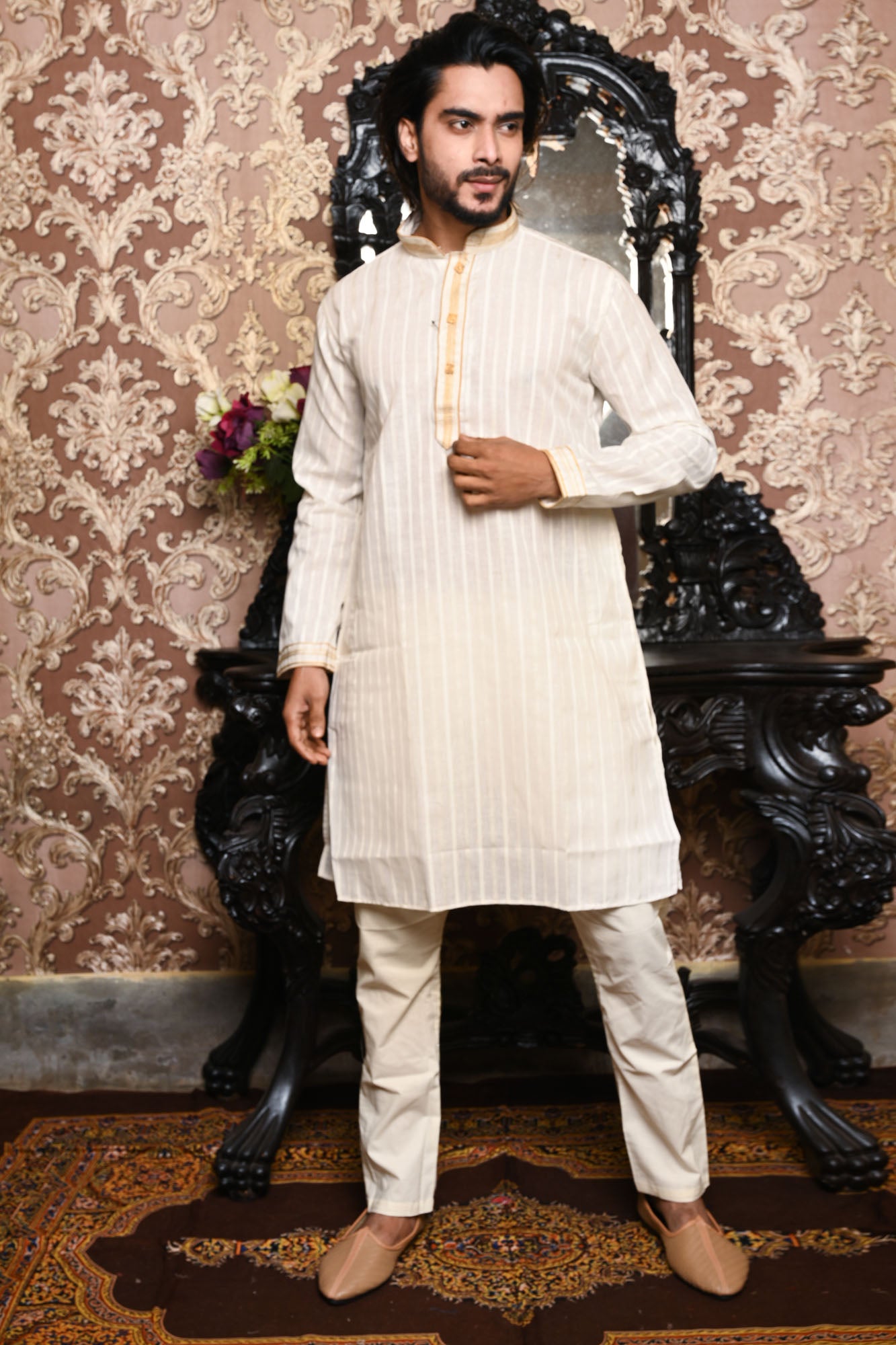 HAMSAFAR Men’s Off White Cotton Linen Casual Kurta