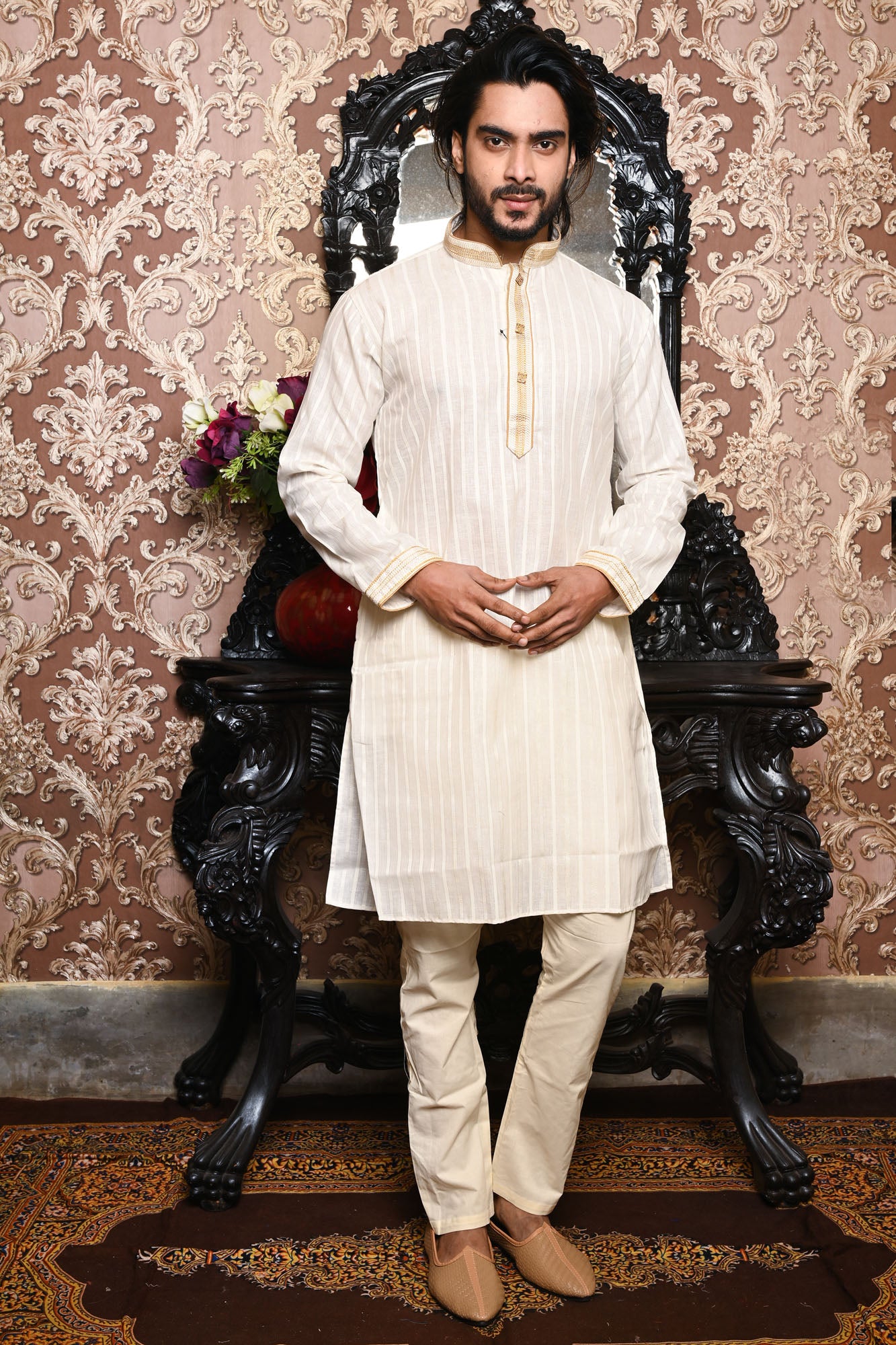 HAMSAFAR Men’s Off White Cotton Linen Casual Kurta