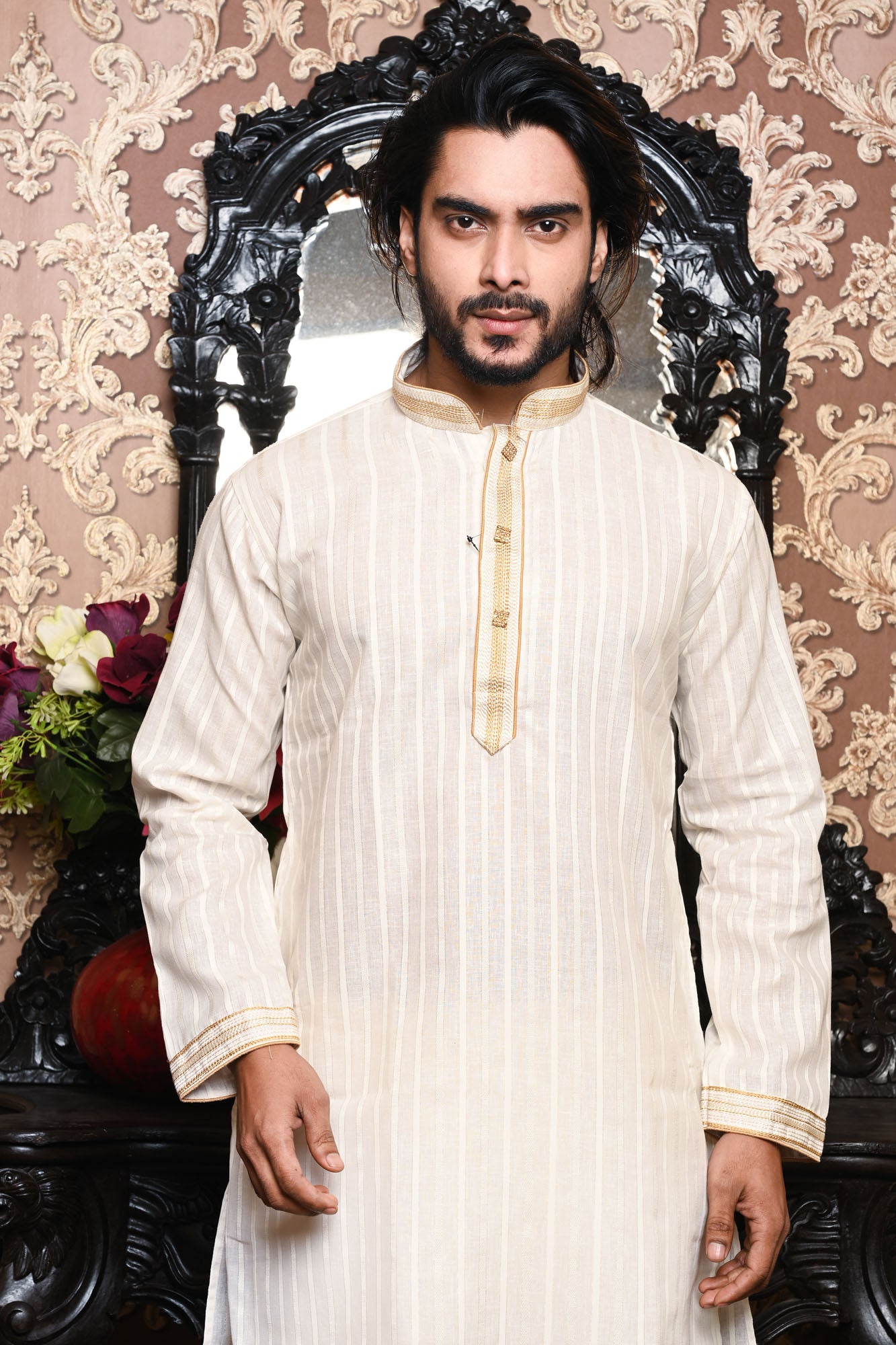 HAMSAFAR Men’s Off White Cotton Linen Casual Kurta