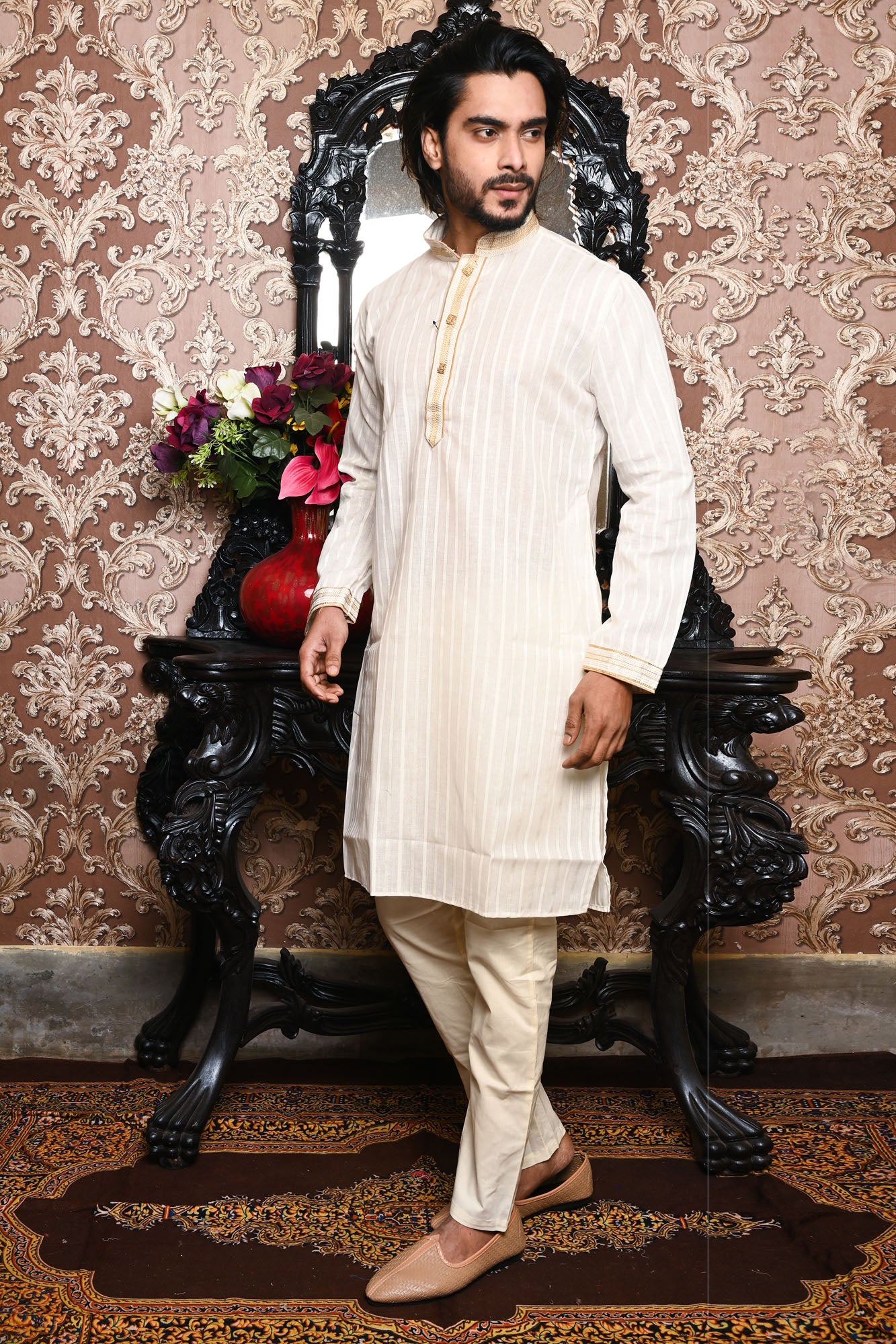 HAMSAFAR Men’s Off White Cotton Linen Casual Kurta