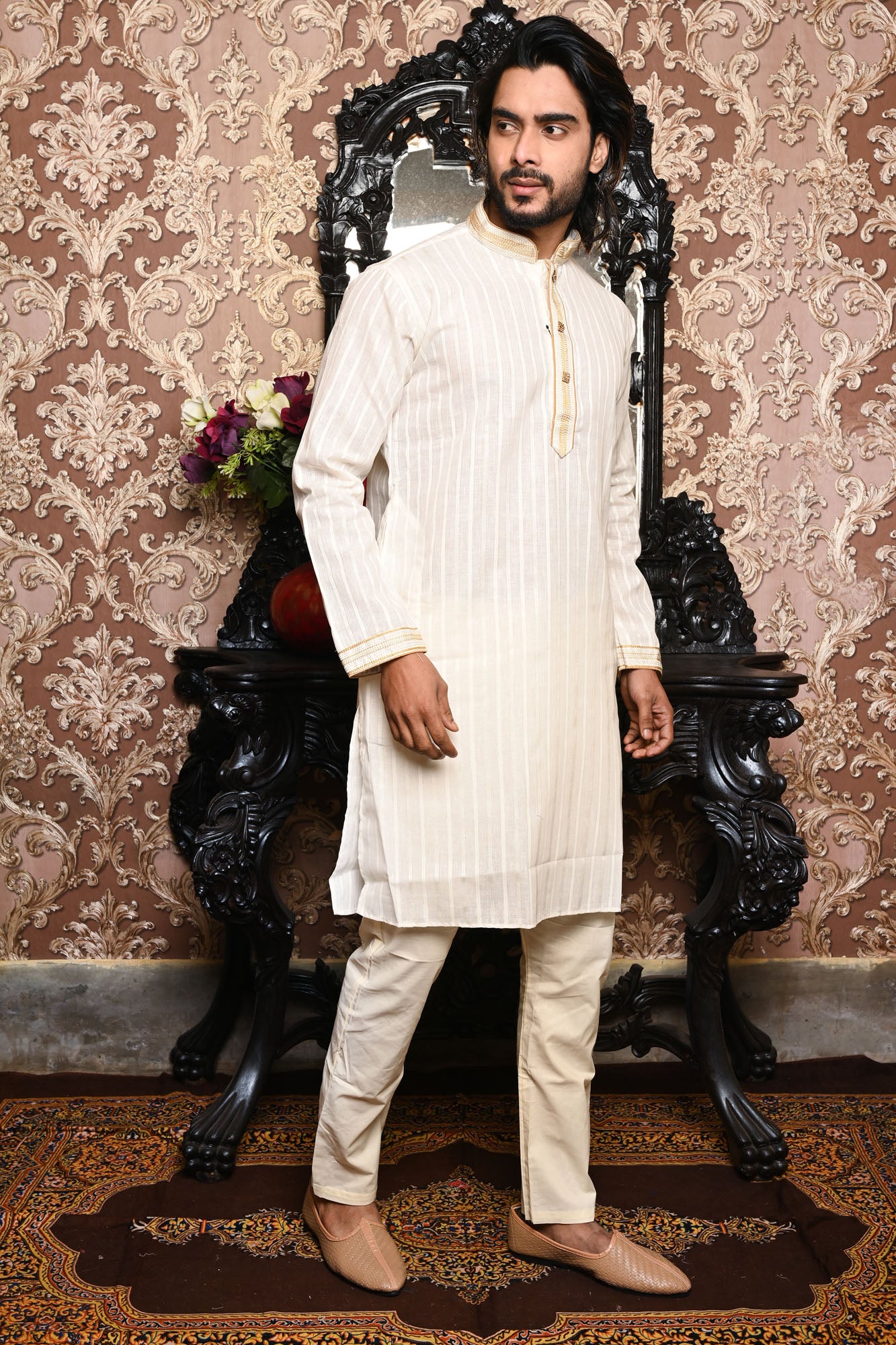 HAMSAFAR Men’s Off White Cotton Linen Casual Kurta