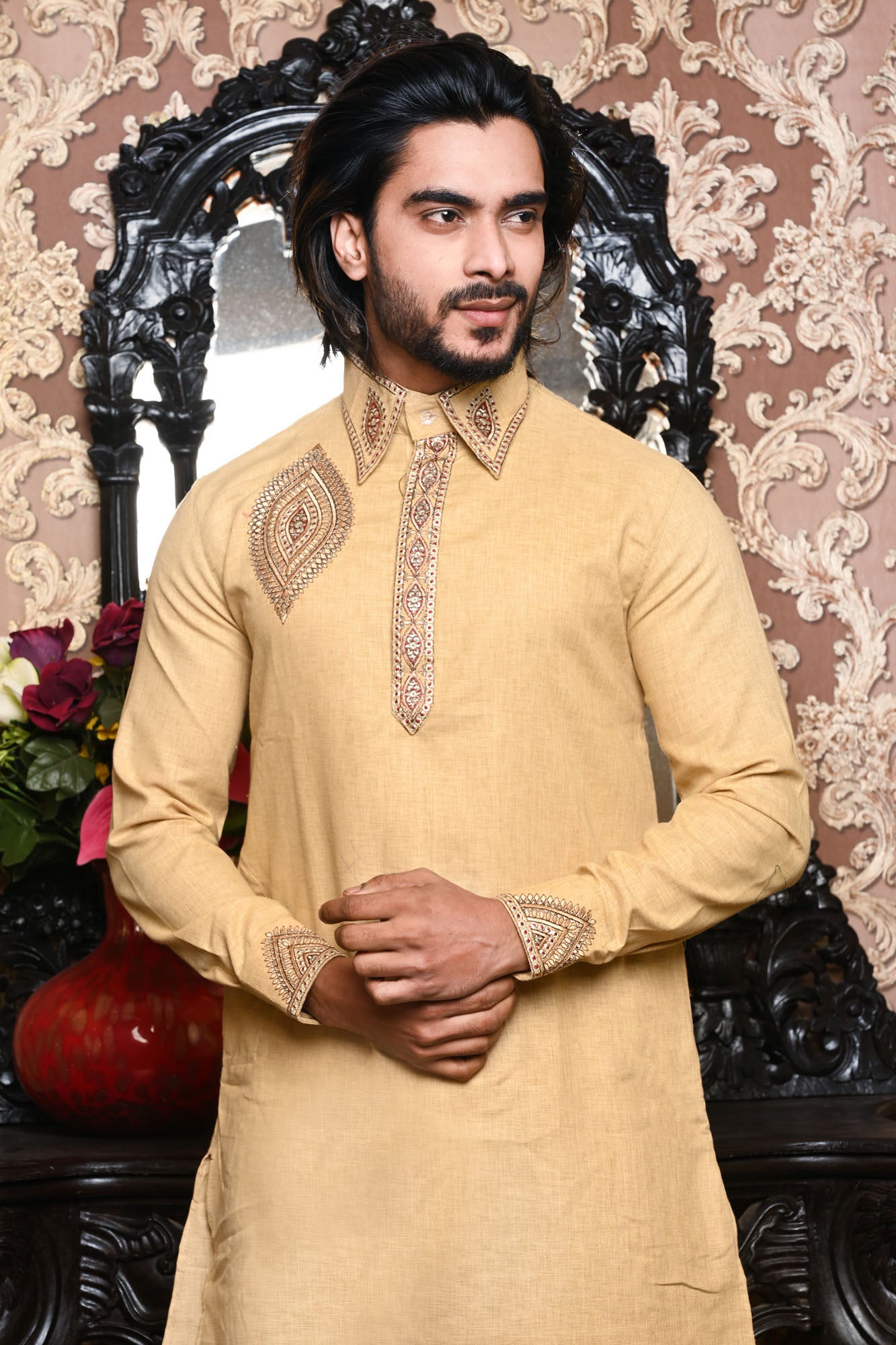 HAMSAFAR Men’s Cream Linen Premium Kurta Pyjama