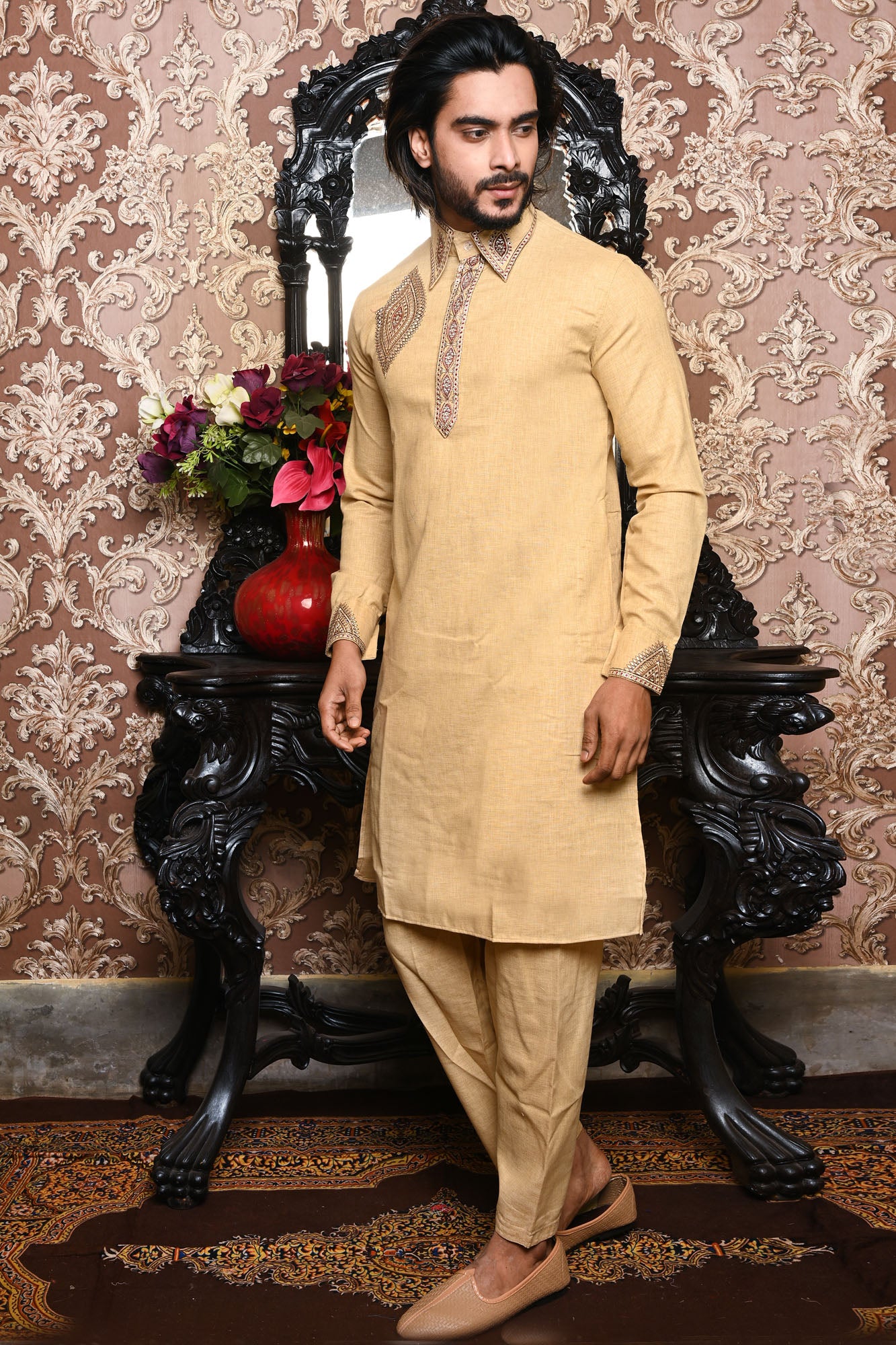 HAMSAFAR Men’s Cream Linen Premium Kurta Pyjama