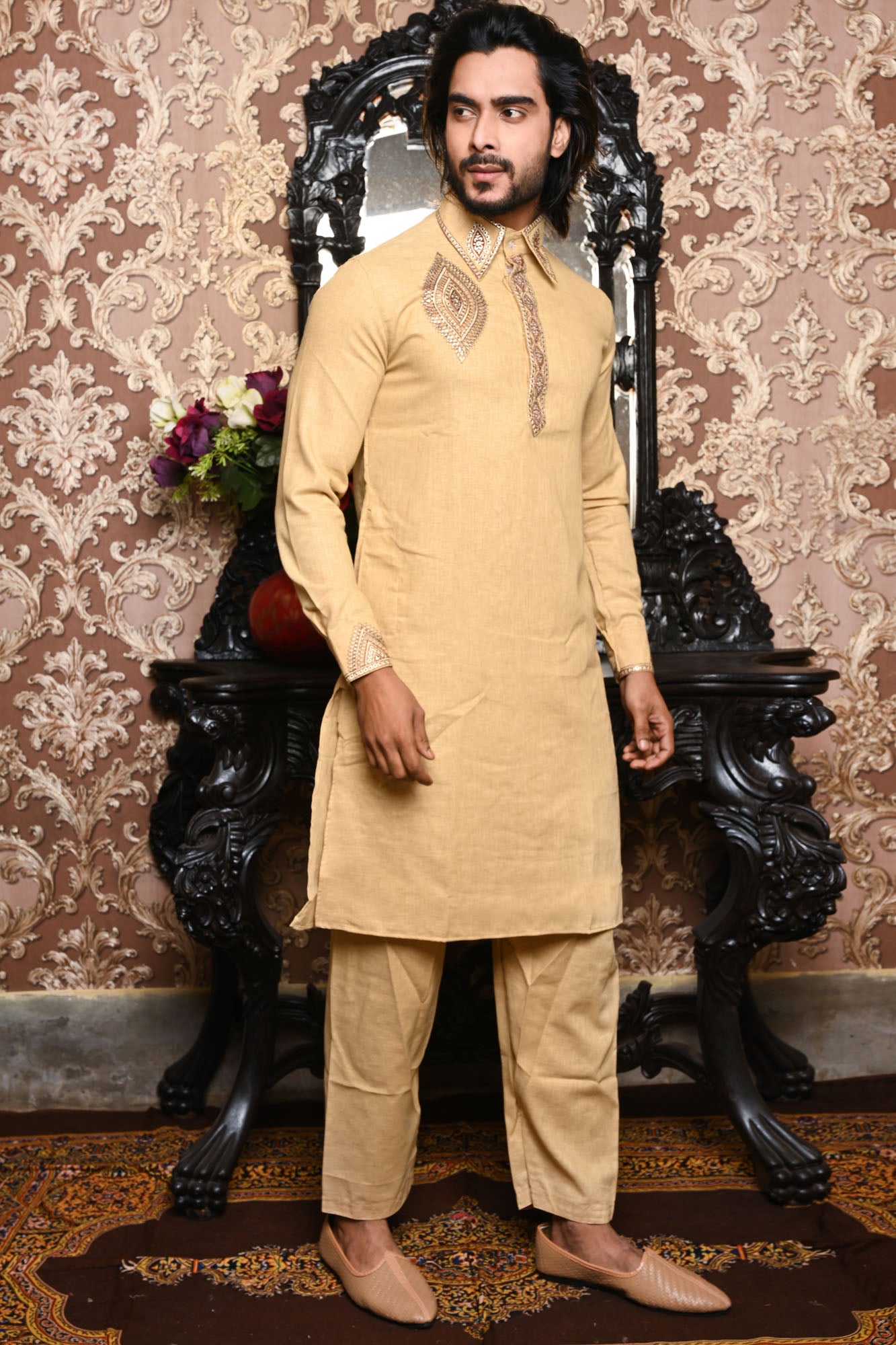 HAMSAFAR Men’s Cream Linen Premium Kurta Pyjama