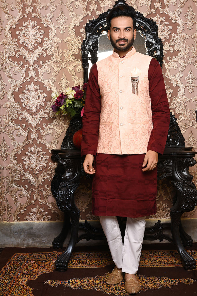 HAMSAFAR Men’s Baby Pink Poly Viscose Jacquard Premium Nehru Jacket