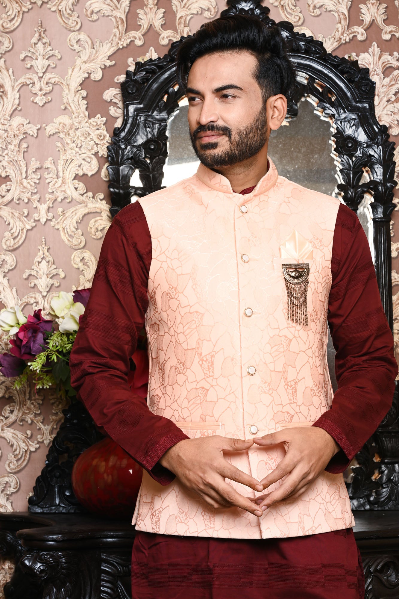 HAMSAFAR Men’s Baby Pink Poly Viscose Jacquard Premium Nehru Jacket