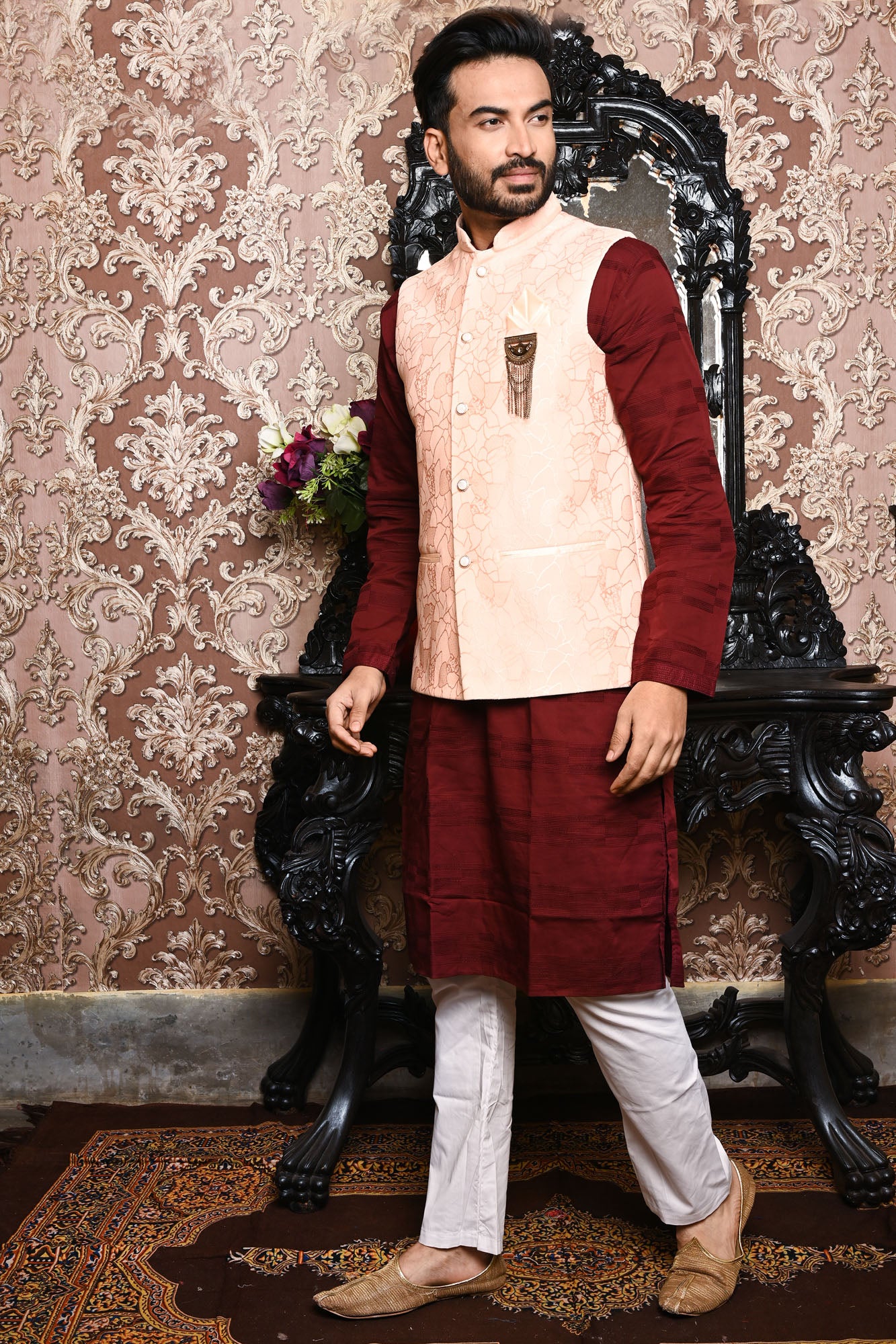 HAMSAFAR Men’s Baby Pink Poly Viscose Jacquard Premium Nehru Jacket